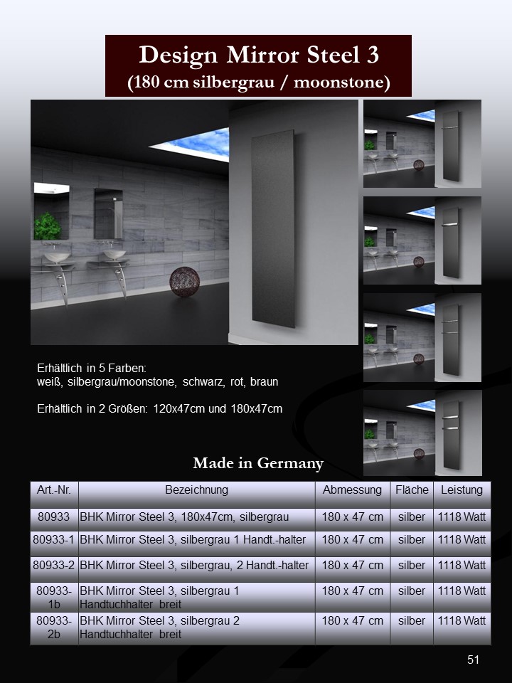 BADHEIZKÖRPER Design Mirror Steel 3 180x47cm 1118 Watt anthrazit - moonstone (+2 Halter 30mm) SZAGATO Designheizkörper Mittelanschluss Handtuchwärmer