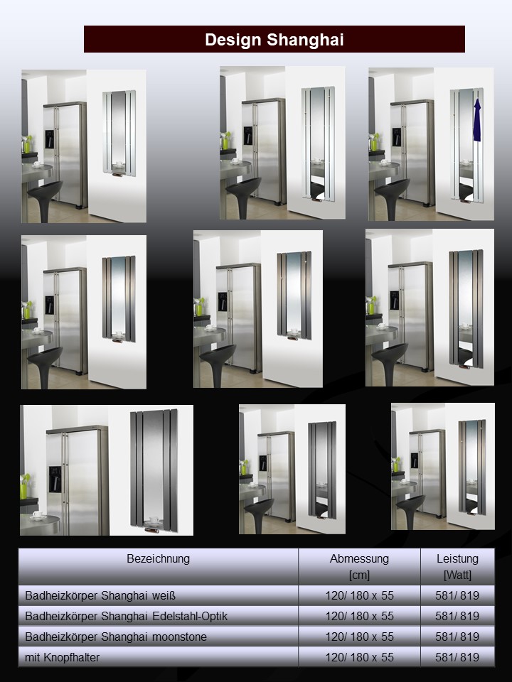BADHEIZKÖRPER mit Spiegel Design Shanghai 2 120 x 55cm 581 Watt Edelstahloptik SZAGATO Hadntuchwärmer Handtuchheizkörper mit Mittelanschluss