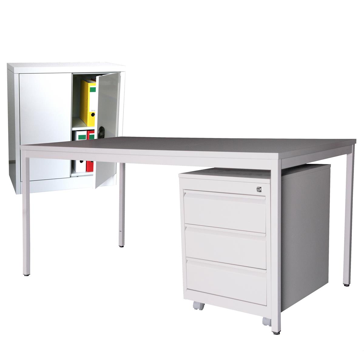 Schreibtisch 180x100cm SET + Rollcontainer Profi 3 Schubl + Stahlschrank 90x80cm grau SZAGATO Arbeitstisch Bürotisch Druckertisch Schreibti günstig