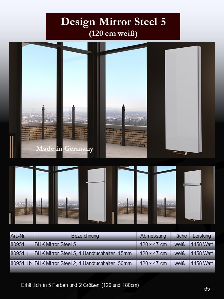 BADHEIZKÖRPER Design Mirror Steel 5 120x47cm 1458 Watt weiß +1 Halter 15mm SZAGATO Designheizkörper Handtuchheizkörper Mittelanschluss Handtuchwärmer