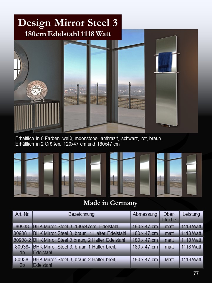 BADHEIZKÖRPER Design Mirror 3 180x47cm 1118 Watt Edelstahl matt (+2 Halter 30mm) SZAGATO Designheizkörper Handtuchheizkörper mit Mittelanschluss