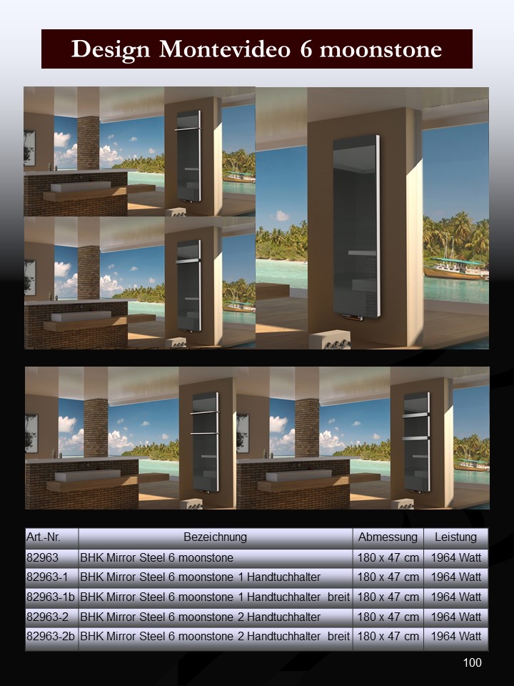 BADHEIZKÖRPER Glas Montevideo 6 Glasfront 180x47cm 1964 Watt anthrazit - moonstone +2 Halter 50mm SZAGATO Designheizkörper mit Mittelanschluss