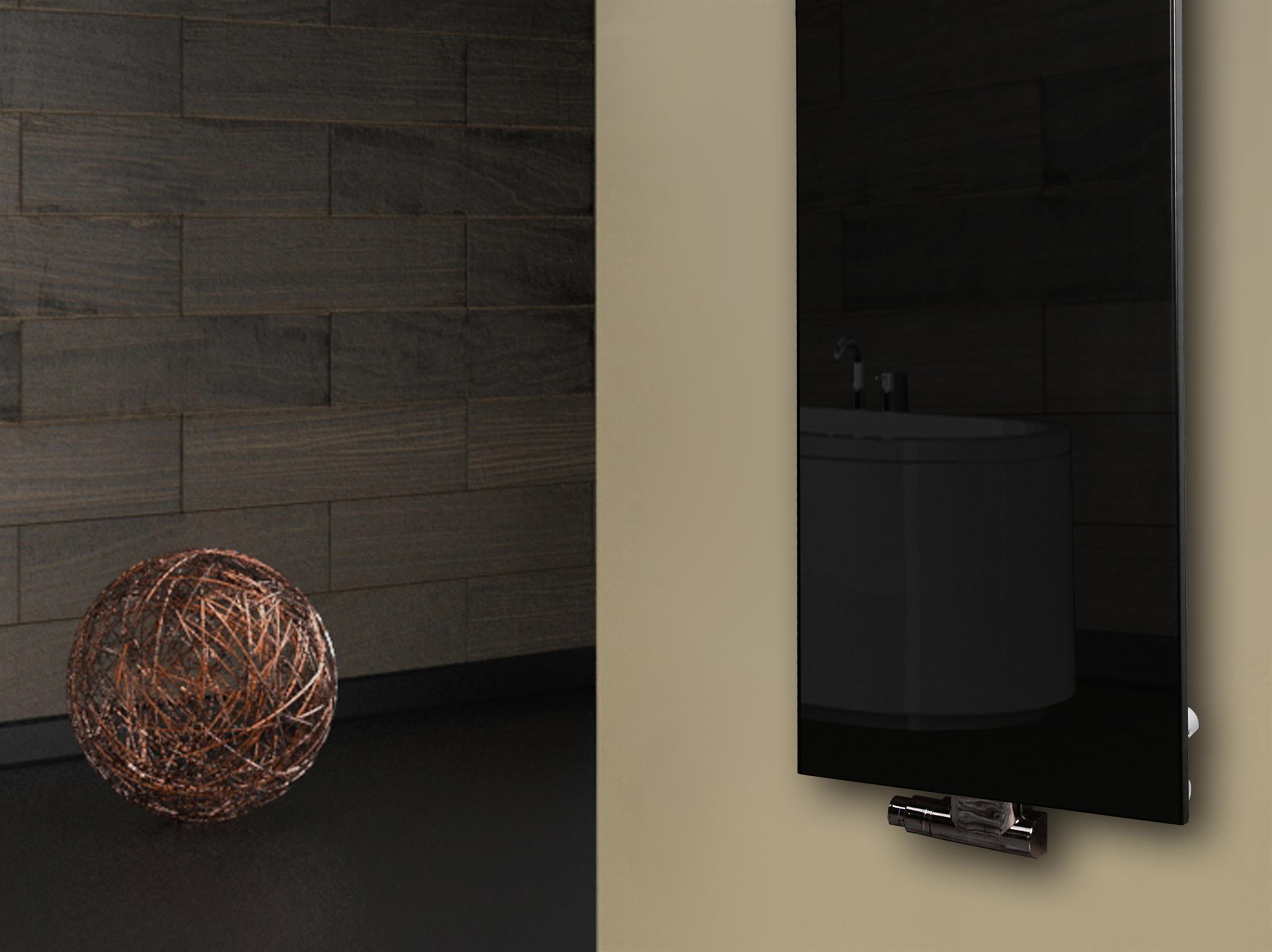 Badheizkörper mit Glas Design Montevideo 2 (Glasfront) 120x47cm 799 Watt schwarz (+1 Halter 50mm) SZAGATO Designheizkörper mit Mittelanschluss