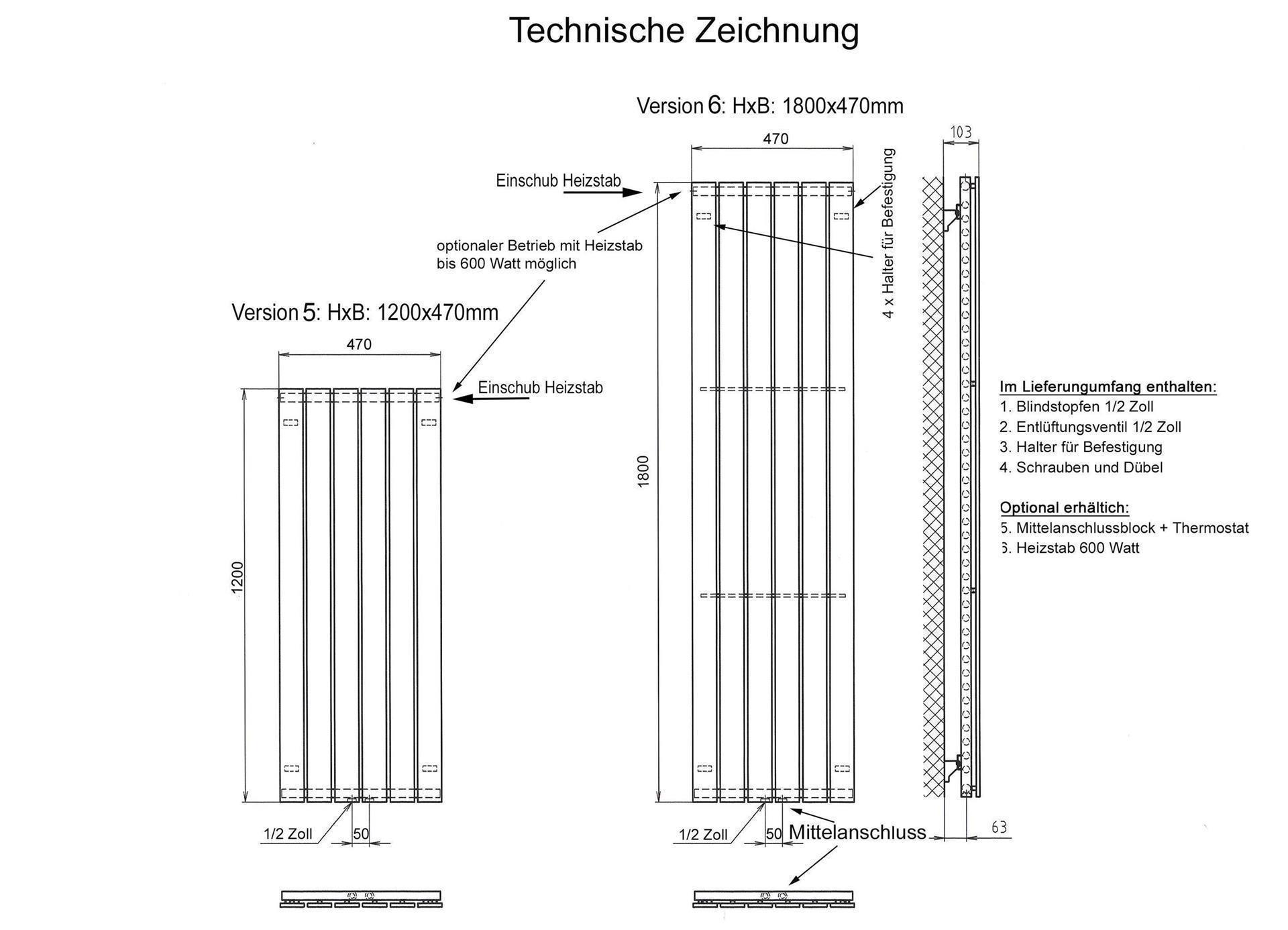 BADHEIZKÖRPER Design Peking 5 120x47cm 1458 Watt Edelstahloptik SZAGATO Designheizkörper Handtuchheizkörper mit Mittelanschluss Handtuchwärmer