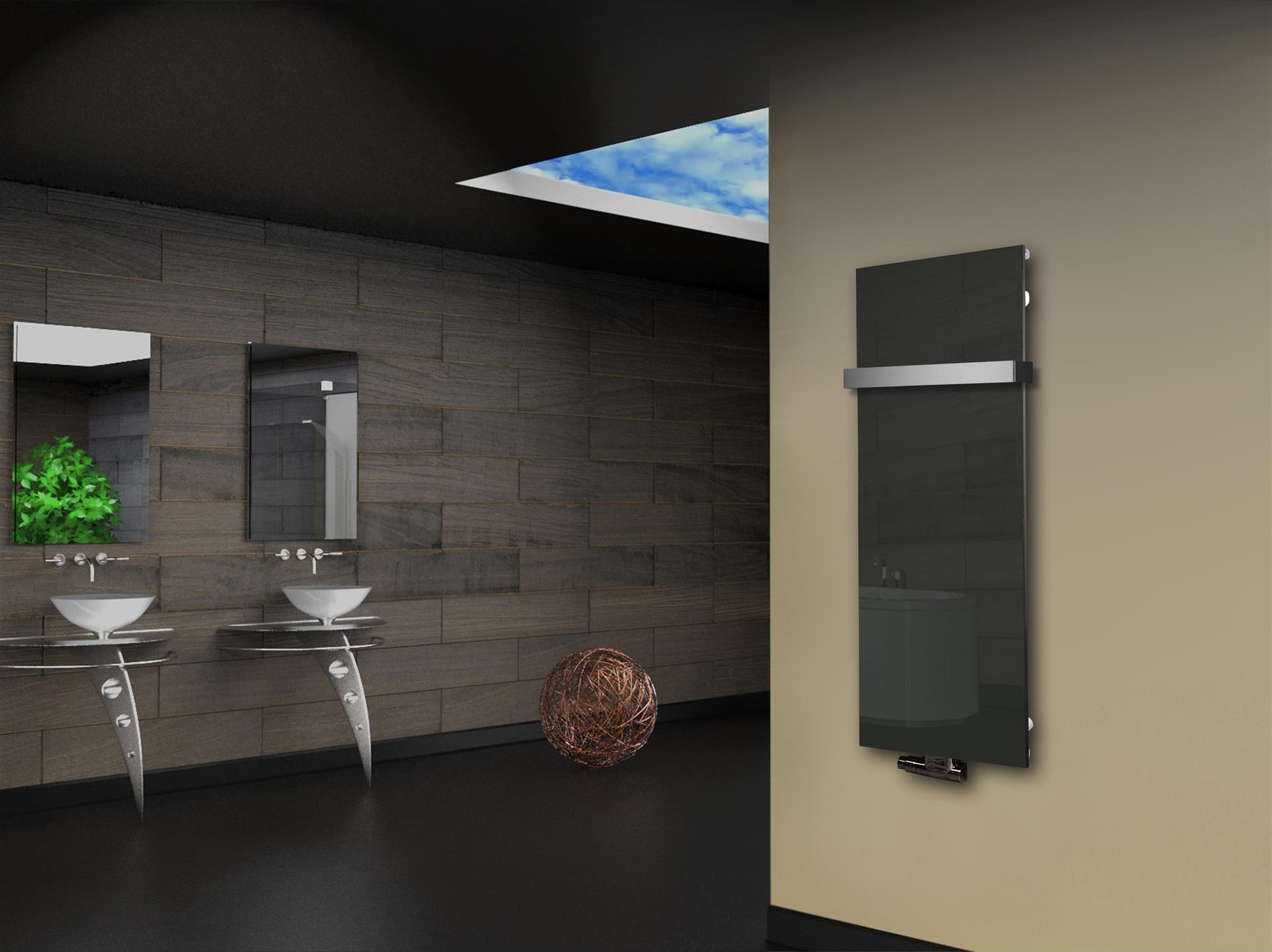 Badheizkörper mit Glas Design Montevideo 2 (Glasfront) 120x47cm 799 Watt anthrazit - moon +1 Halter 50mm SZAGATO Designheizkörper mit Mittelanschluss