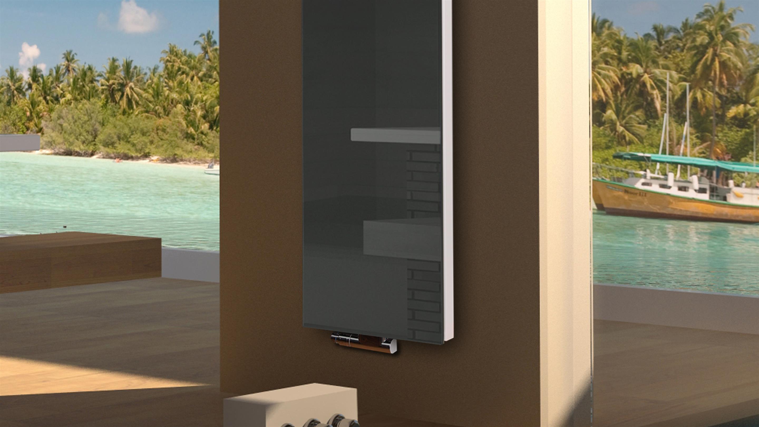 BADHEIZKÖRPER Glas Montevideo 6 Glasfront 180x47cm 1964 Watt anthrazit - moonstone +2 Halter 50mm SZAGATO Designheizkörper mit Mittelanschluss