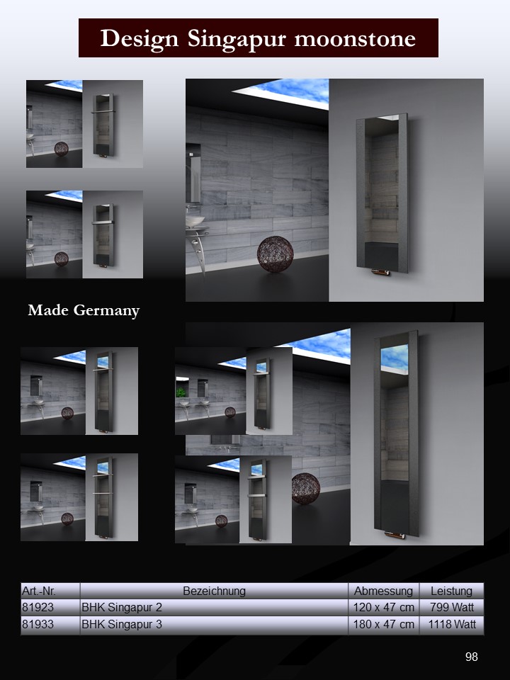 BADHEIZKÖRPER mit Spiegel Design Singapur 2 120x47cm 799 Watt anthrazit - moon SZAGATO Design Handtuchheizkörper mit Mittelanschluss Handtuchwärmer