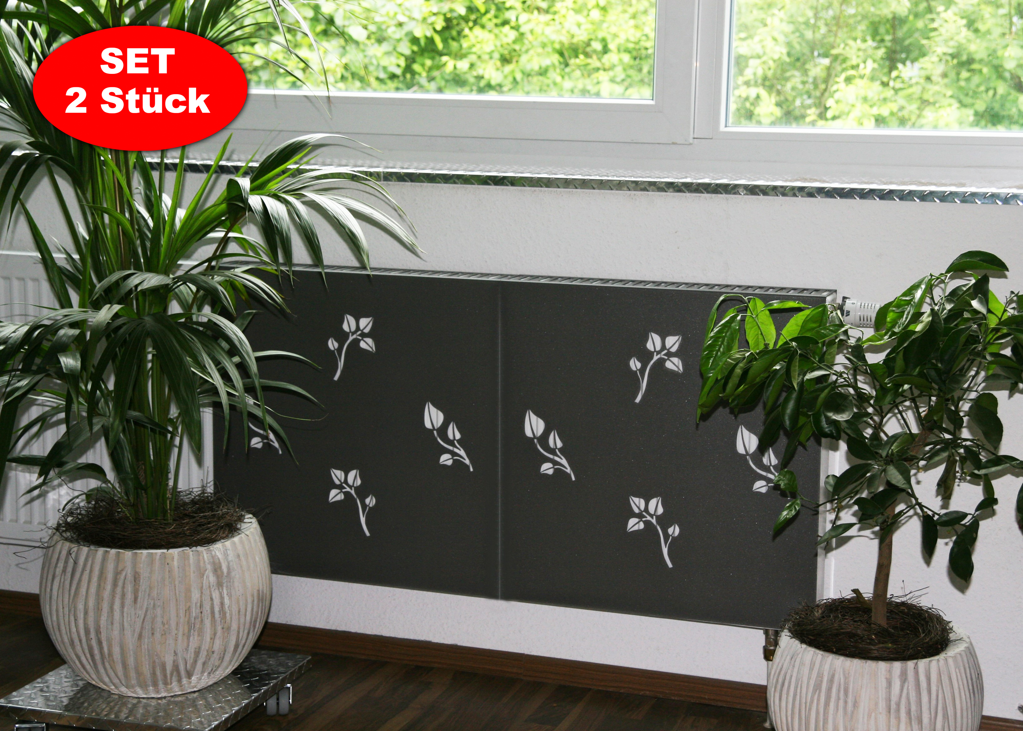 Heizkörperverkleidung 60 x 60cm Design Leaves silber (SET= 2 Stück) SZAGATO Heizungsverkleidung Verkleidung Heizkörper Abdeckung für Heizkörper