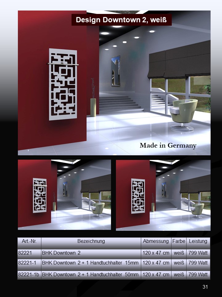 BADHEIZKÖRPER Design Downtown 2 120x47cm 799Watt weiß (+1 Halter 50mm) SZAGATO Designheizkörper Handtuchheizkörper mit Mittelanschluss Handtuchwärmer