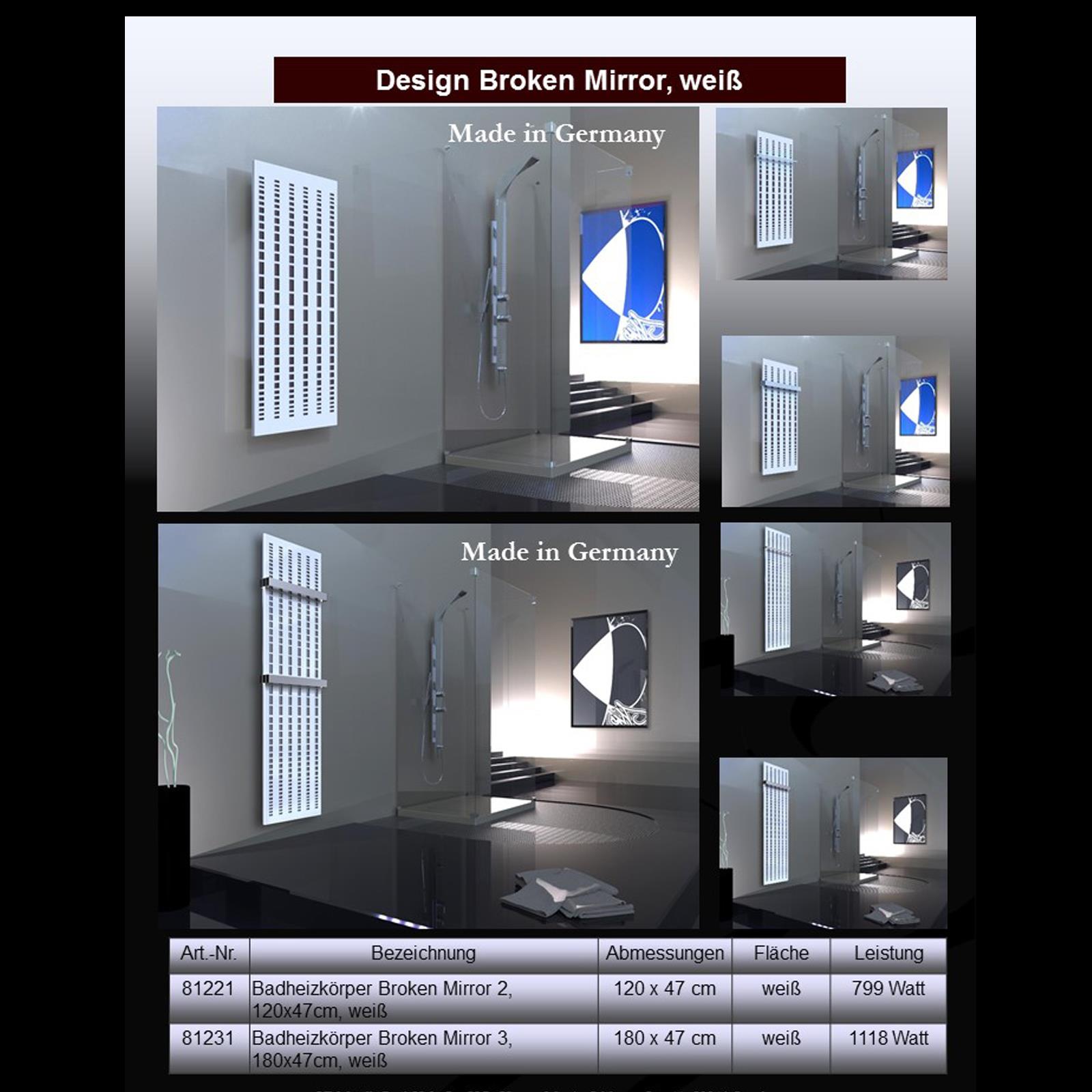 BADHEIZKÖRPER Design broken Mirror 2 120x47cm 799 Watt weiß +1 Halter 50mm SZAGATO Designheizkörper Handtuchheizkörper Mittelanschluss Handtuchwärmer