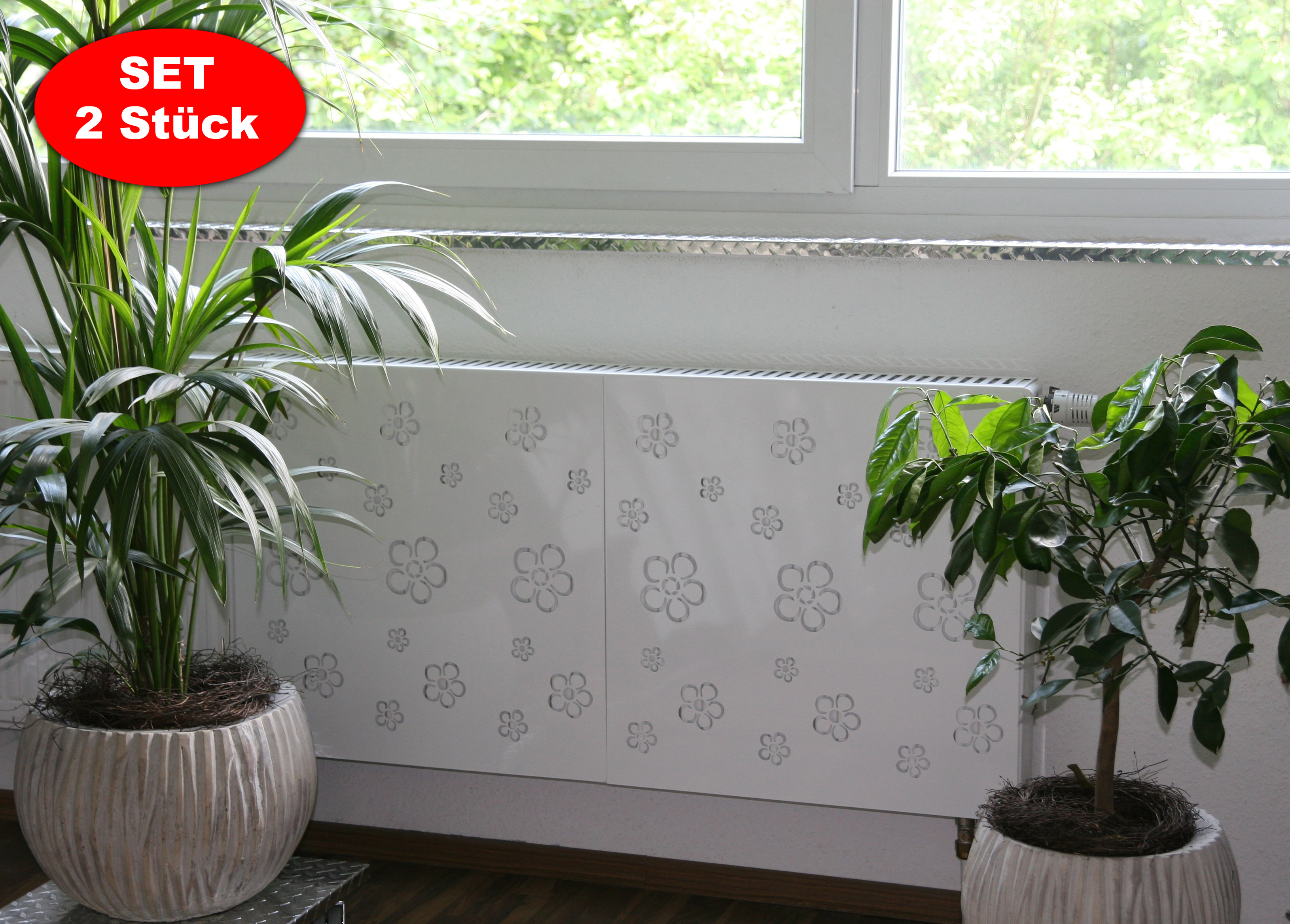 Heizkörperverkleidung 60 x 60cm Design Flower Frame weiß (SET=2 Stück) SZAGATO Heizungsverkleidung Verkleidung Heizkörper Abdeckung für Heizkörper