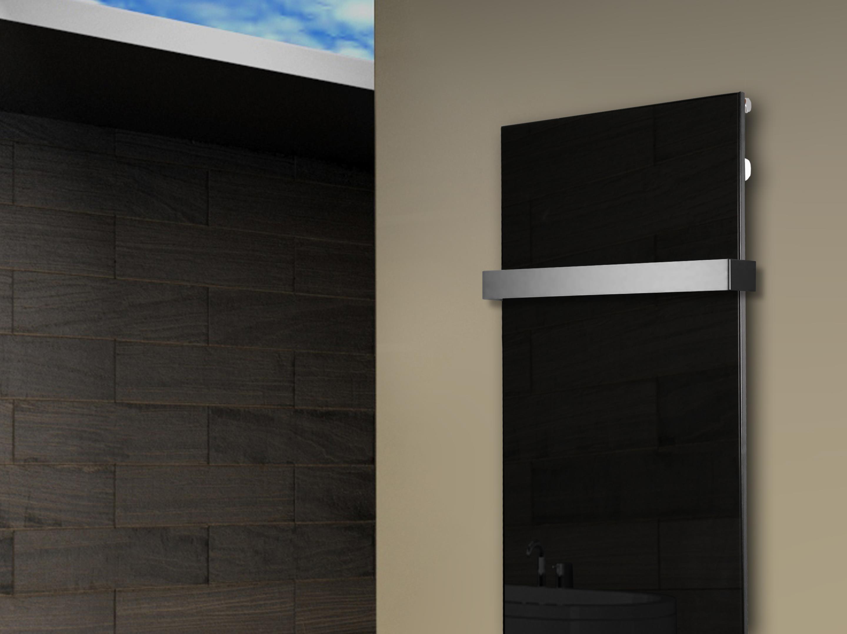 Badheizkörper mit Glas Design Montevideo 2 (Glasfront) 120x47cm 799 Watt schwarz (+1 Halter 50mm) SZAGATO Designheizkörper mit Mittelanschluss