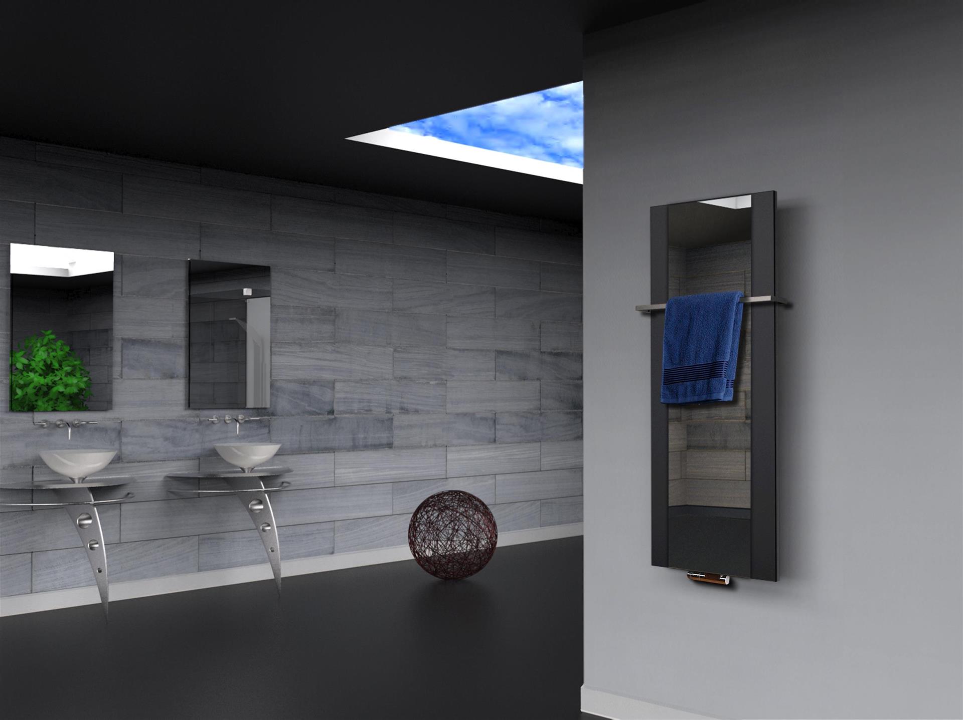 BADHEIZKÖRPER mit Spiegel Design Singapur 2 120x47cm 799 Watt schwarz  (+1 Halter 15mm) SZAGATO Designheizkörper mit Mittelanschluss Handtuchwärmer