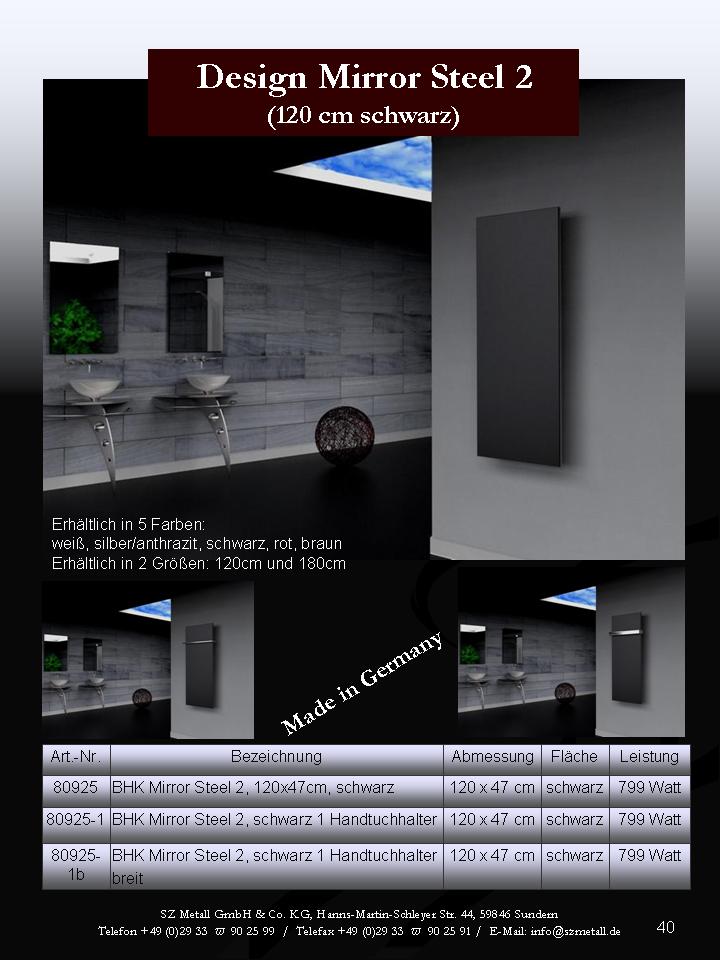 BADHEIZKÖRPER Design Mirror Steel 2 120x47cm 799 Watt schwarz (+1 Halter glänzend 50mm) SZAGATO Designheizkörper mit Mittelanschluss Handtuchwärmer