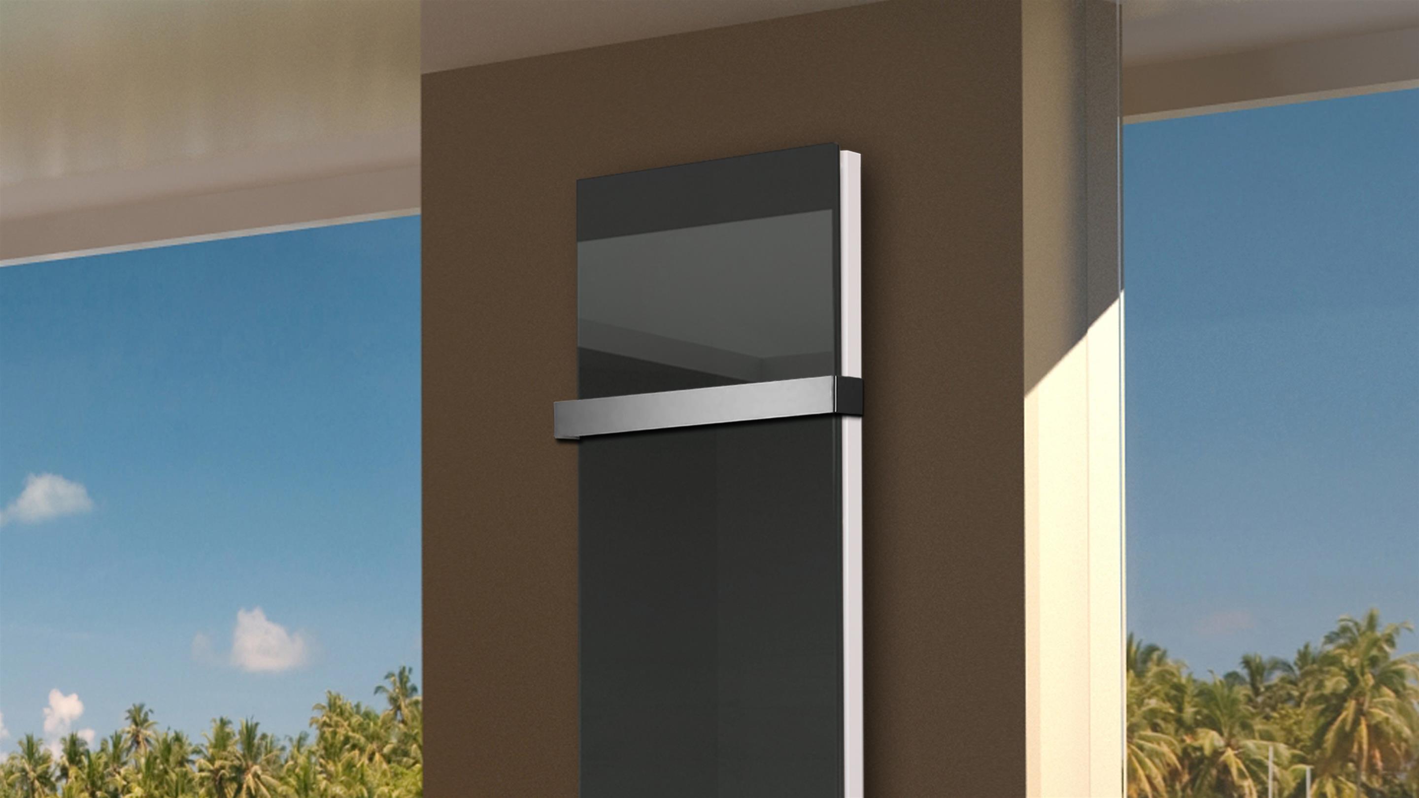 BADHEIZKÖRPER Glas Montevideo 6 Glasfront 180x47cm 1964 Watt anthrazit - moonstone +1 Halter 50mm SZAGATO Designheizkörper mit Mittelanschluss