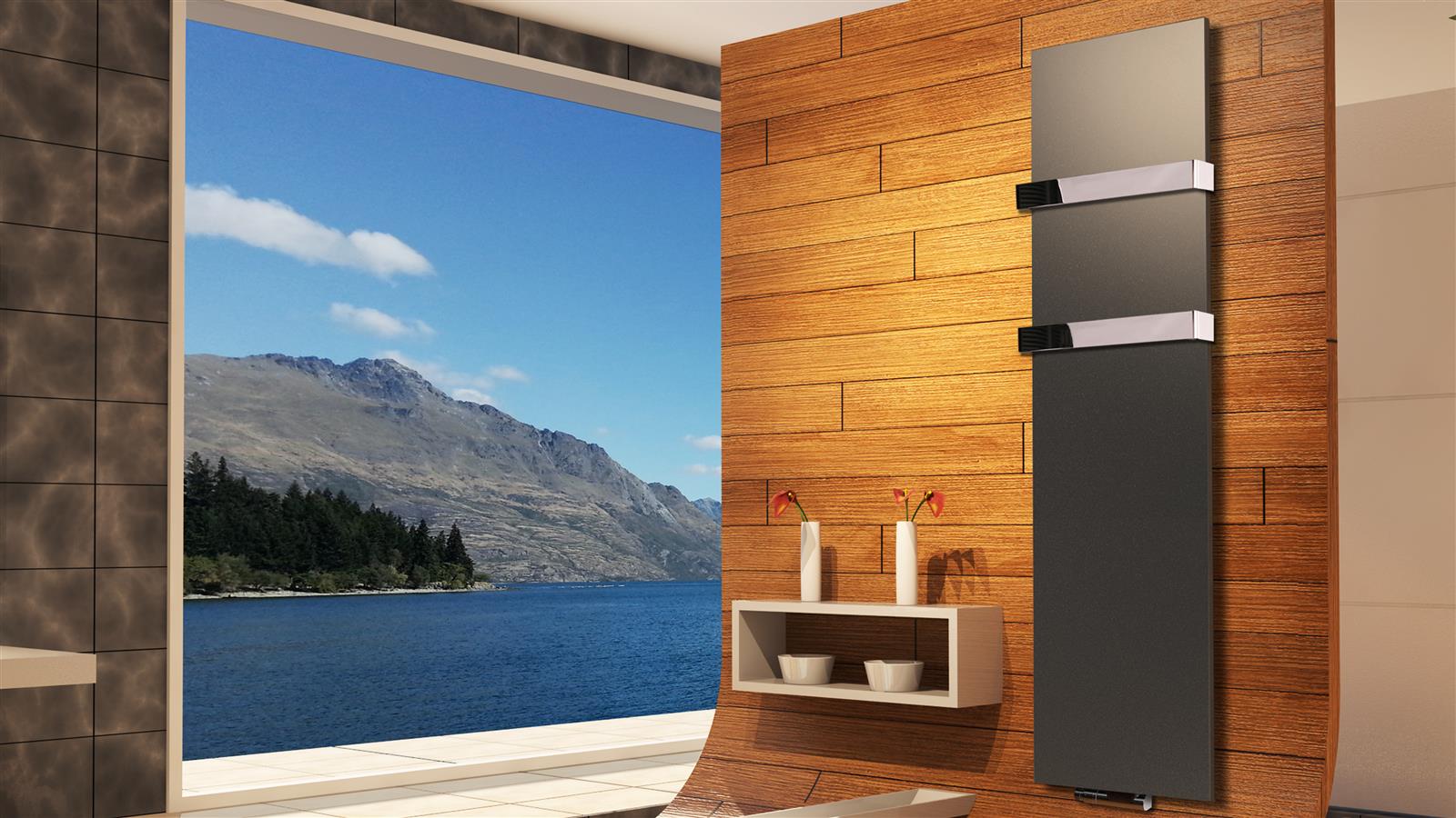 BADHEIZKÖRPER Design Mirror Steel 3 180x47cm 1118 Watt anthrazit - moonstone (+2 Halter glänzend 50mm) SZAGATO Handtuchheizkörper Mittelanschluss