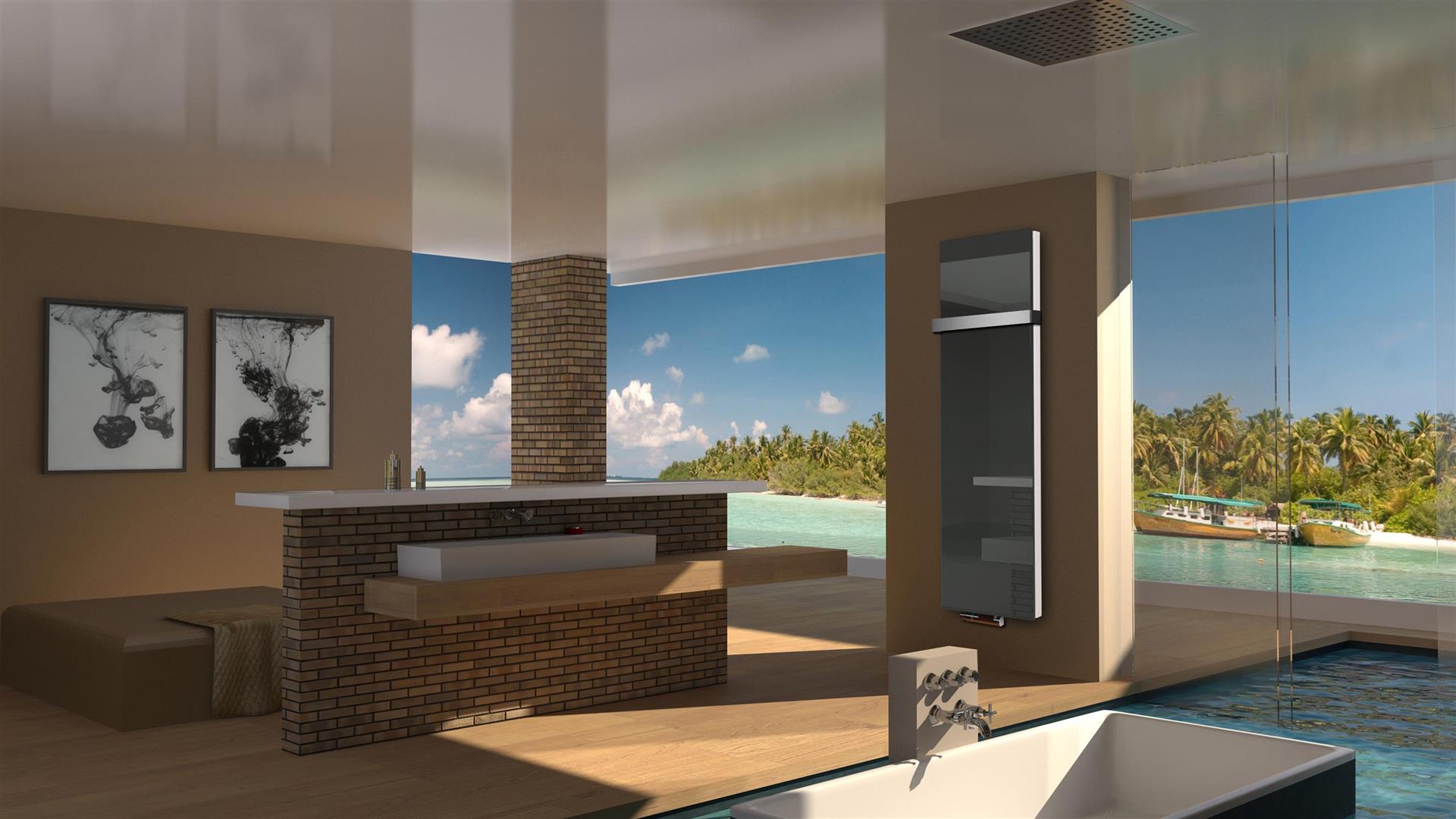 BADHEIZKÖRPER Glas Montevideo 6 Glasfront 180x47cm 1964 Watt anthrazit - moonstone +1 Halter 50mm SZAGATO Designheizkörper mit Mittelanschluss