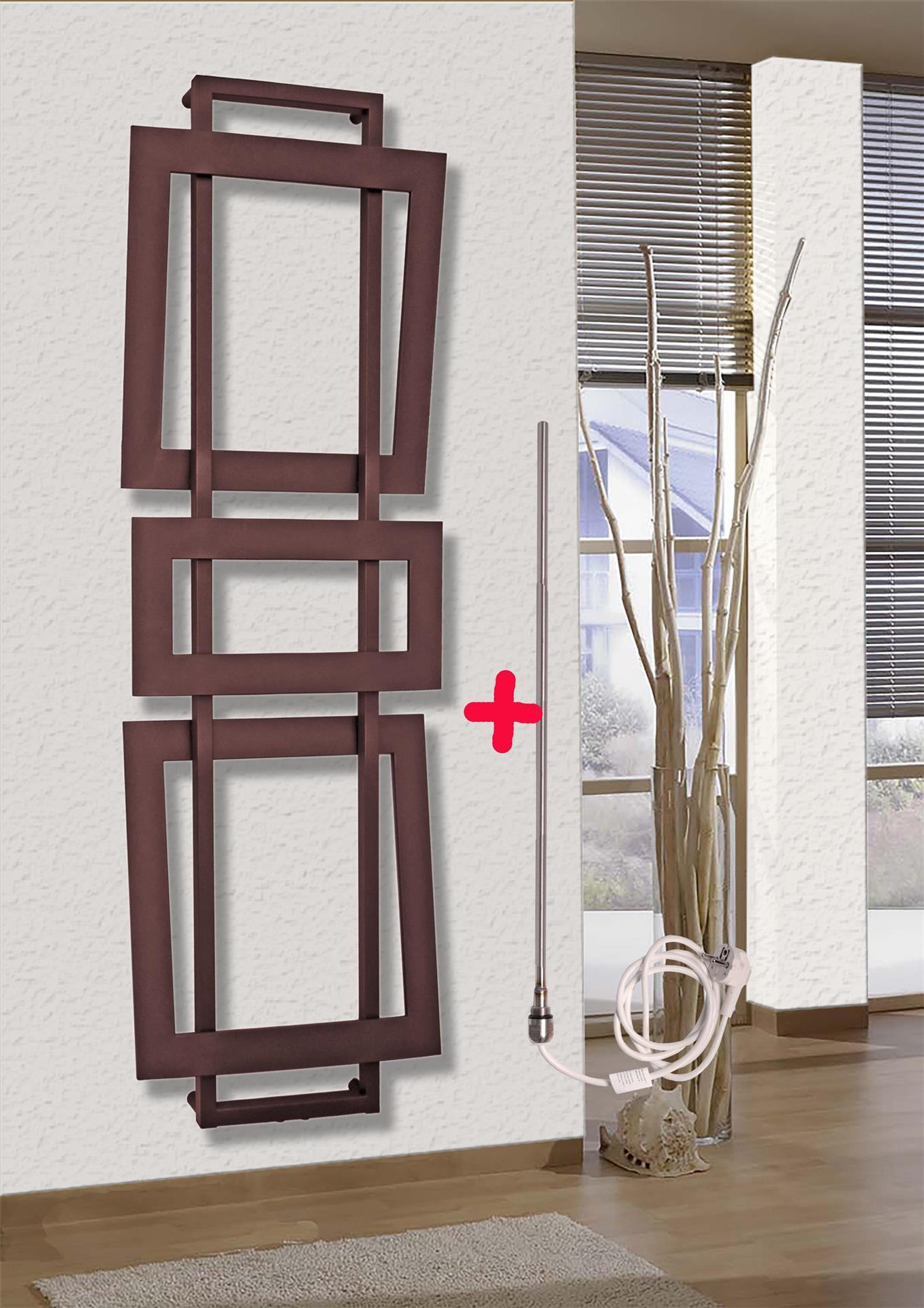 BADHEIZKÖRPER Design ART I 180x60cm braun (+ Heizstab 900 Watt) SZAGATO Designheizkörper Handtuchheizkörper mit Mittelanschluss Handtuchwärmer