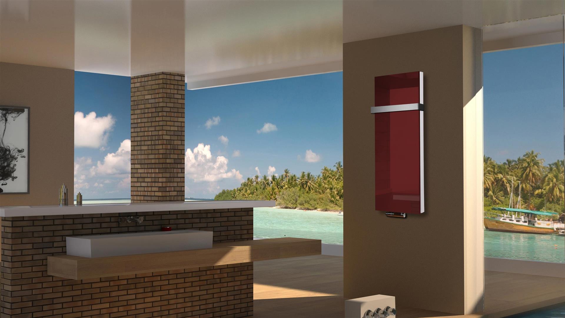 BADHEIZKÖRPER Glas Montevideo 5 Glasfront 120x47cm 1458 Watt rot +1 Halter 50mm SZAGATO Designheizkörper Handtuchheizkörper mit Mittelanschluss