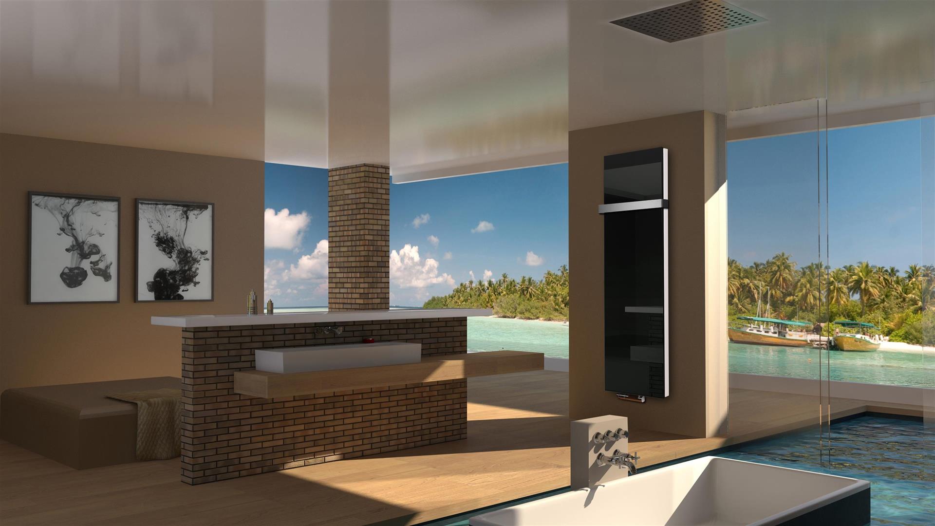 BADHEIZKÖRPER Glas Montevideo 6 Glasfront 180x47cm 1964 Watt schwarz +1 Halter 50mm SZAGATO Designheizkörper Handtuchheizkörper mit Mittelanschluss