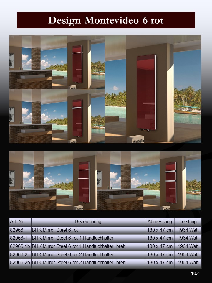 BADHEIZKÖRPER Glas Montevideo 6 Glasfront 180x47cm 1964 Watt rot + 2 Halter 50mm SZAGATO Designheizkörper Handtuchheizkörper mit Mittelanschluss