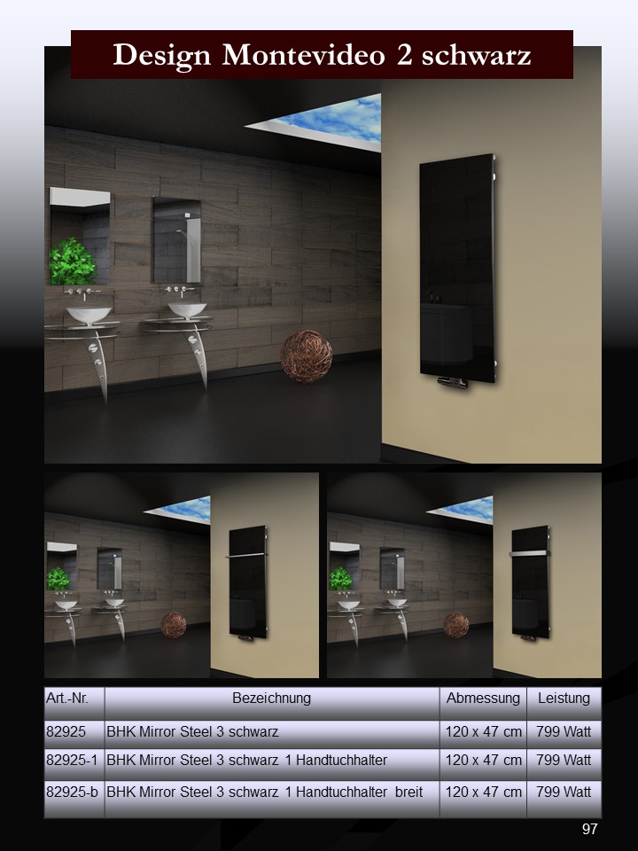 Badheizkörper mit Glas Design Montevideo 2 (Glasfront) 120x47cm 799 Watt schwarz (+1 Halter 50mm) SZAGATO Designheizkörper mit Mittelanschluss