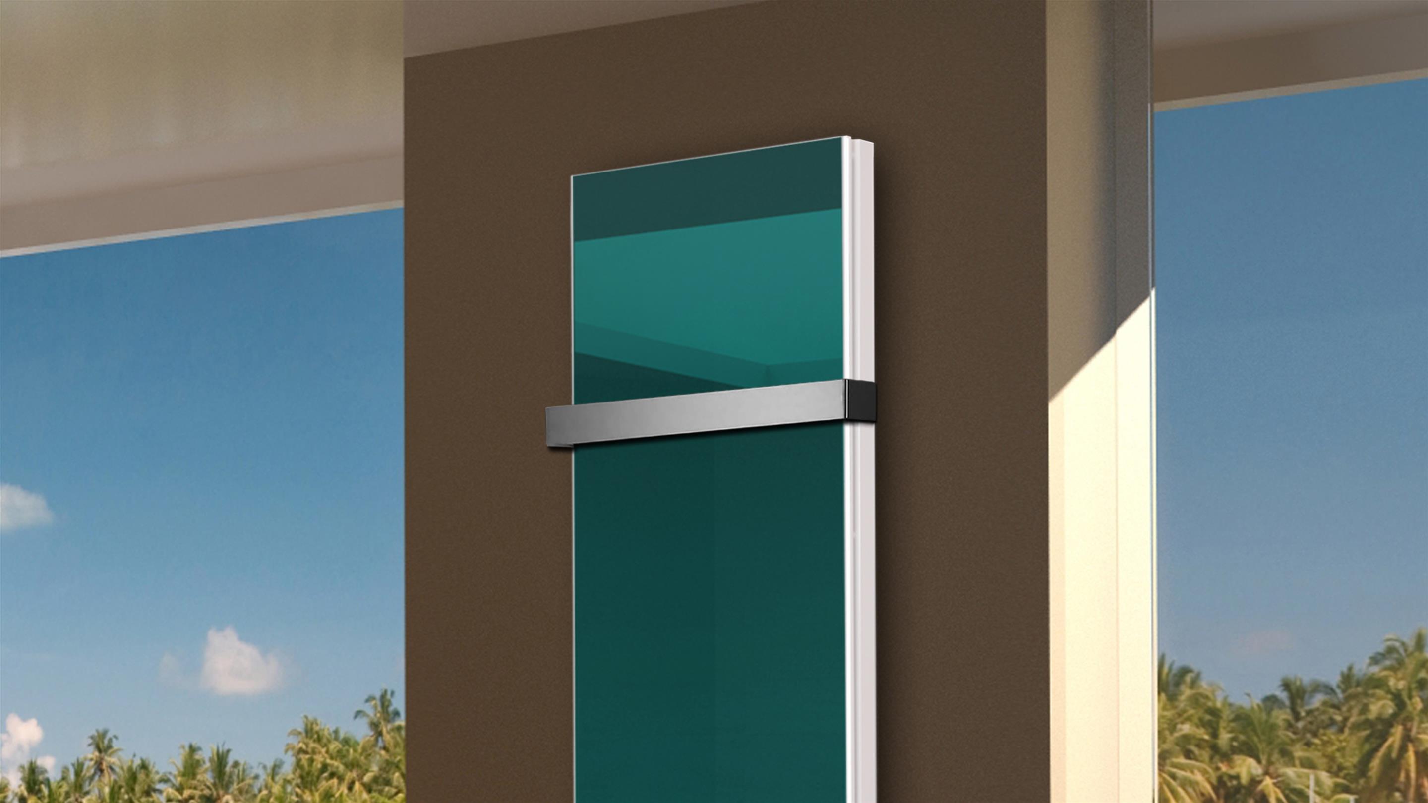 BADHEIZKÖRPER Glas Montevideo 6 Glasfront 180x47cm 1964 Watt türkis +1 Halter 50mm SZAGATO Designheizkörper Handtuchheizkörper mit Mittelanschluss