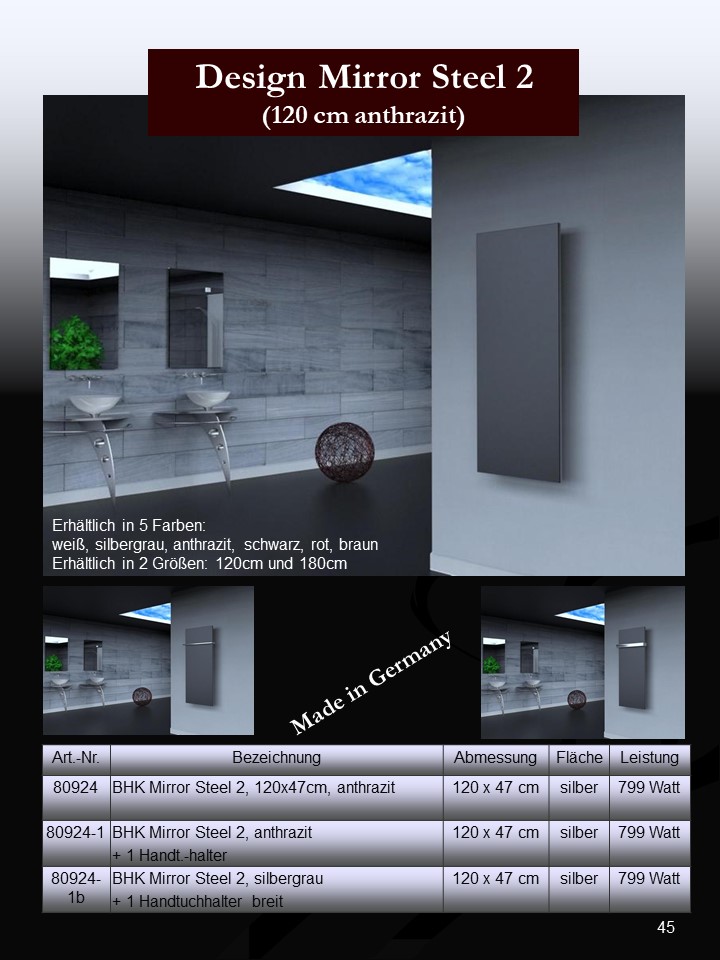 BADHEIZKÖRPER Design Mirror Steel 2 120x47cm 799 Watt anthrazit (+1 Halter 50mm) SZAGATO Designheizkörper Handtuchheizkörper mit Mittelanschluss