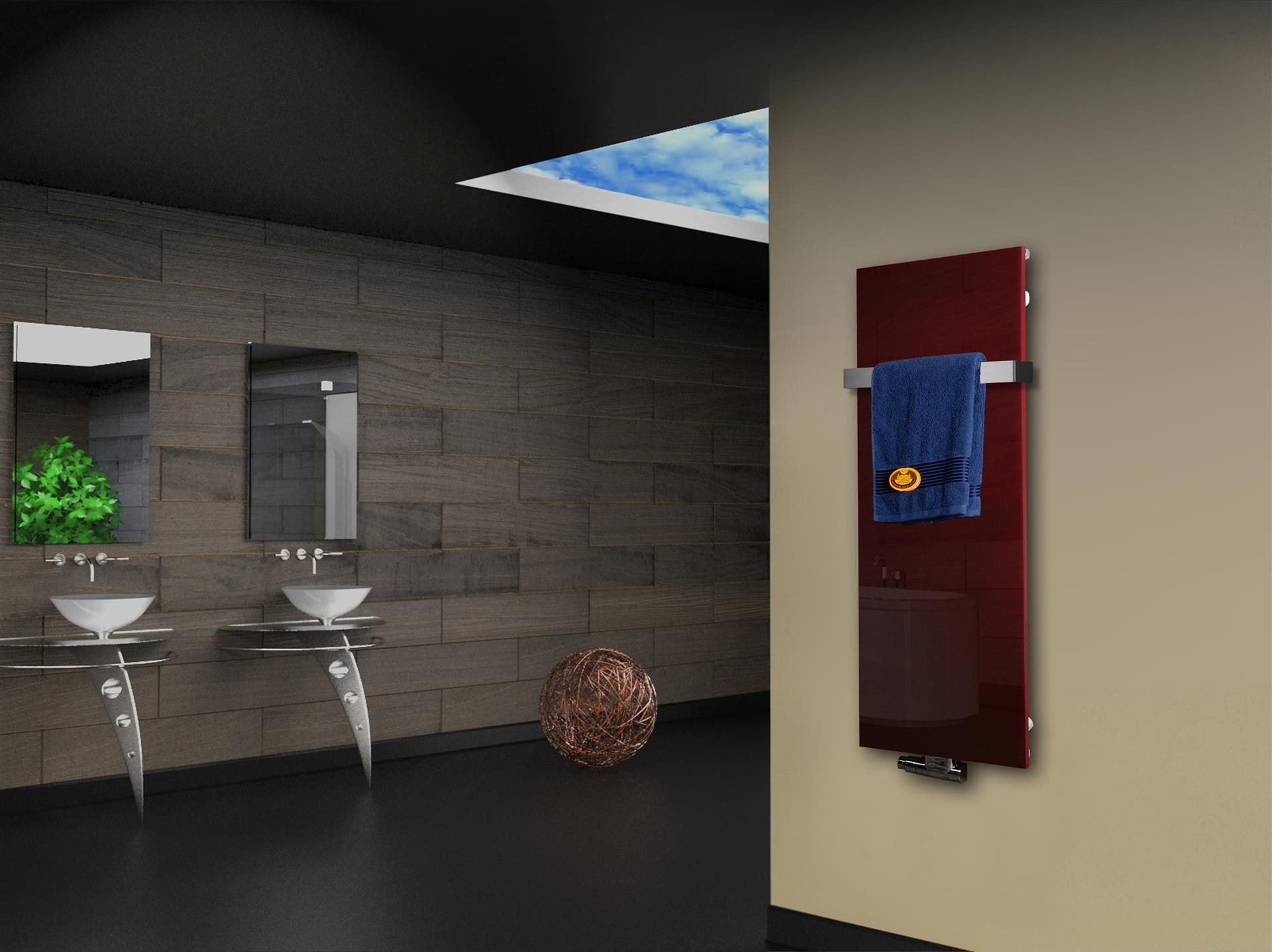 Badheizkörper mit Glas Design Montevideo 2 (Glasfront) 120x47cm 799 Watt rot (+1 Halter 50mm) SZAGATO Designheizkörper Mittelanschluss Handtuchwärmer