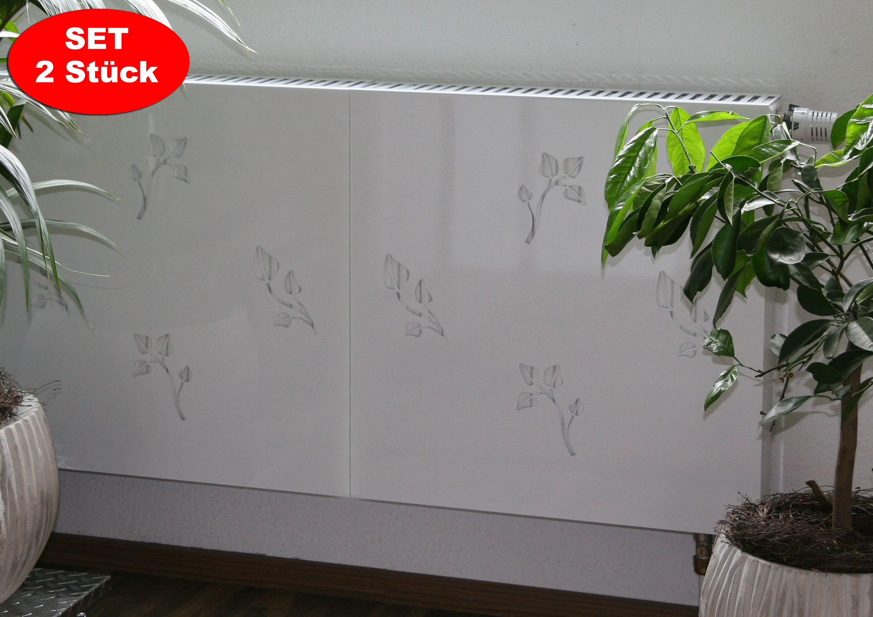 Heizkörperverkleidung 60 x 60cm Design Leaves weiß (SET= 2 Stück) SZAGATO Heizungsverkleidung Verkleidung Heizkörper Abdeckung für Heizkörper