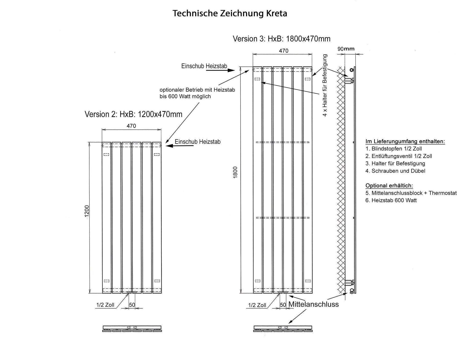 BADHEIZKÖRPER Design Kreta 3 180x47cm 1118 Watt anthrazit moonstone weiß (+1 Halter 15mm) SZAGATO Designheizkörper mit Mittelanschluss Handtuchwärmer