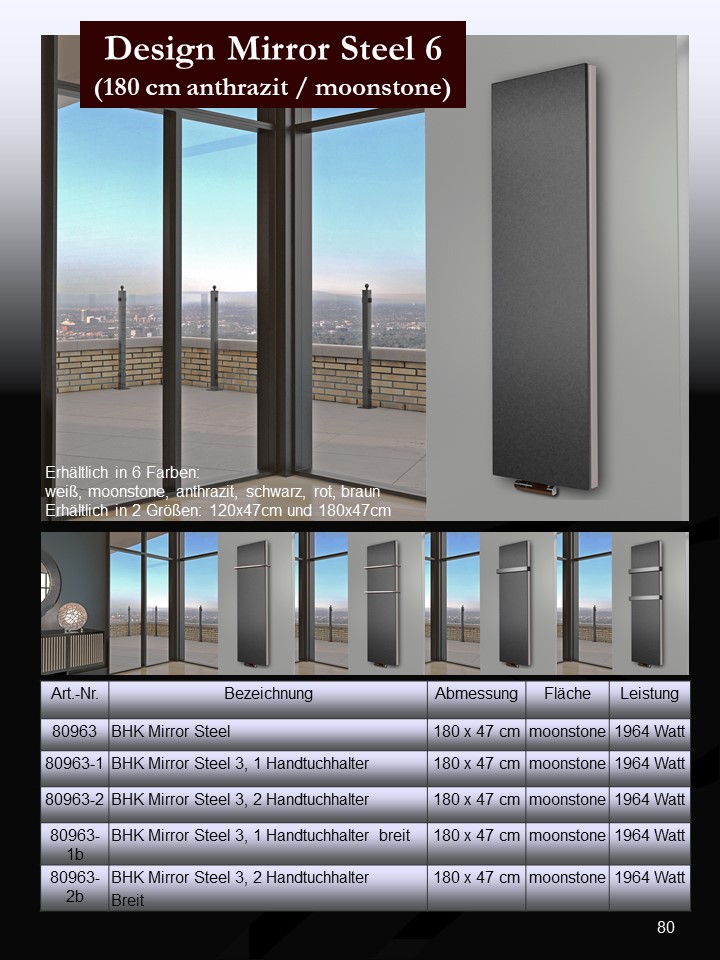BADHEIZKÖRPER Design Mirror Steel 6 180x47cm 1964 Watt anthrazit - moonstone (+2 Halter 50mm) SZAGATO Designheizkörper Mittelanschluss Handtuchwärmer