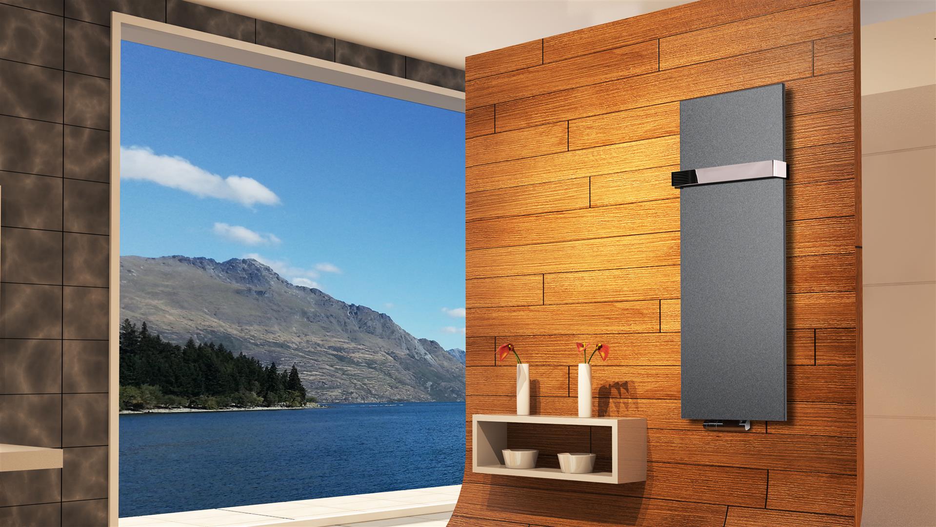 BADHEIZKÖRPER Design Mirror Steel 2 120x47cm 799 Watt anthrazit - moonstone (+1 Halter glänzend 50mm) SZAGATO Designheizkörper Handtuchwärmer