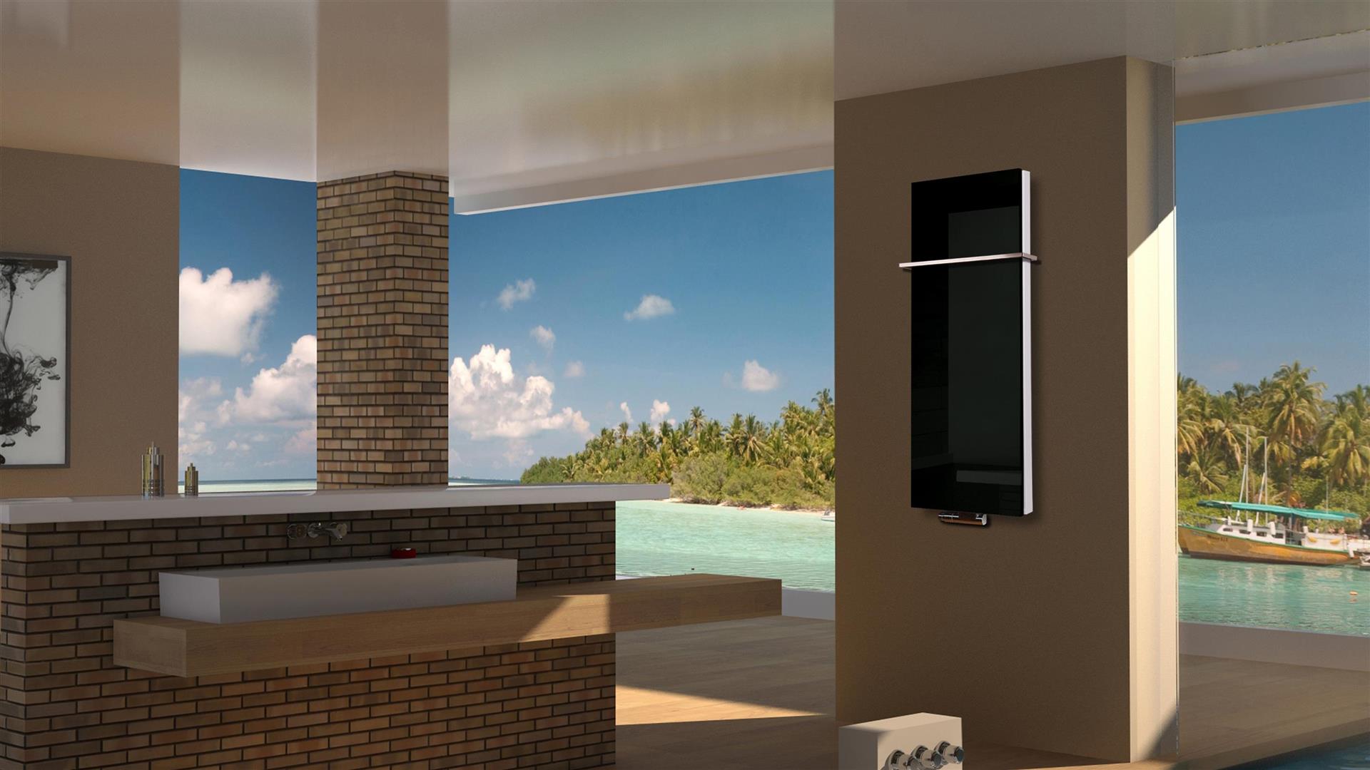 BADHEIZKÖRPER mit Glas Montevideo 5 Glasfront 120x47cm 1458Watt schwarz +1 Halter 15mm SZAGATO Designheizkörper Handtuchheizkörper Mittelanschluss