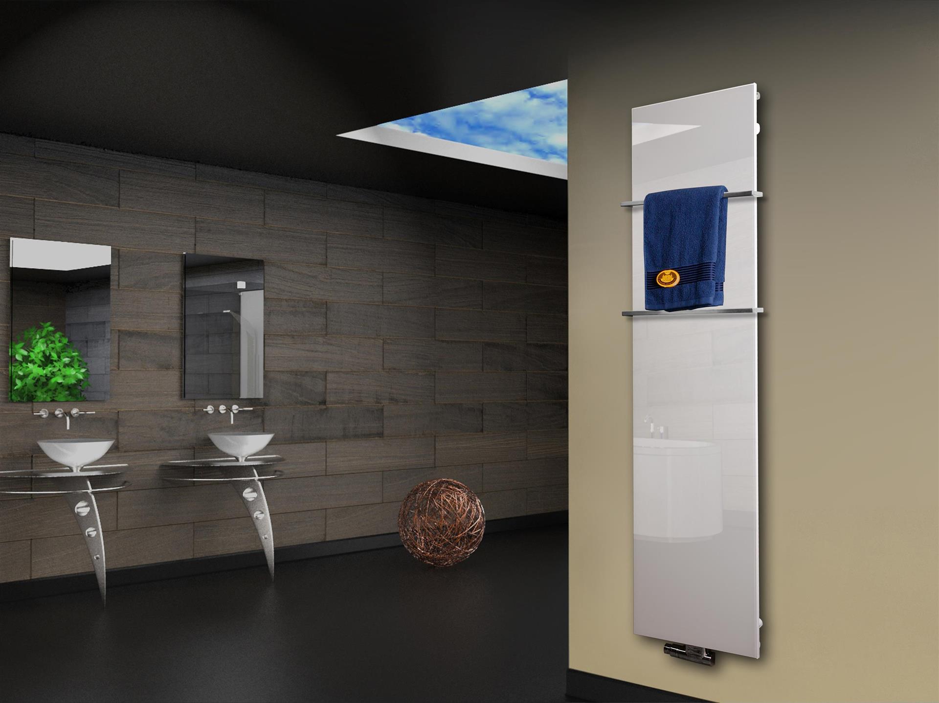 Badheizkörper mit Glas Design Montevideo 3 (Glasfront) 180x47cm 1118 Watt weiß +2 Halter 15mm SZAGATO Designheizkörper Mittelanschluss Handtuchwärmer