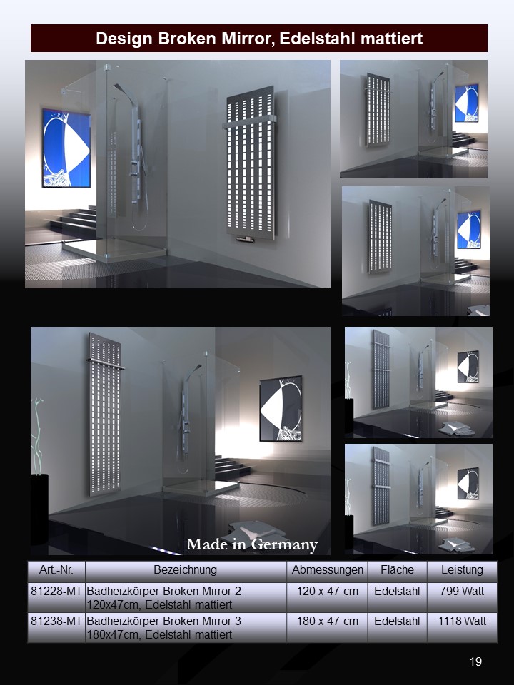 BADHEIZKÖRPER Design broken Mirror 2 120x47cm 799 Watt Edelstahl matt (+1 Halter 50mm) SZAGATO Designheizkörper mit Mittelanschluss Handtuchwärmer