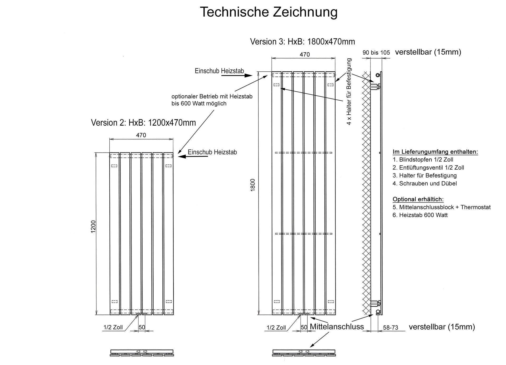 BADHEIZKÖRPER Design Peking 2 120x47cm 799 Watt Edelstahloptik + (+1 Halter 15mm) SZAGATO Handtuchheizkörper mit Mittelanschluss Handtuchwärmer