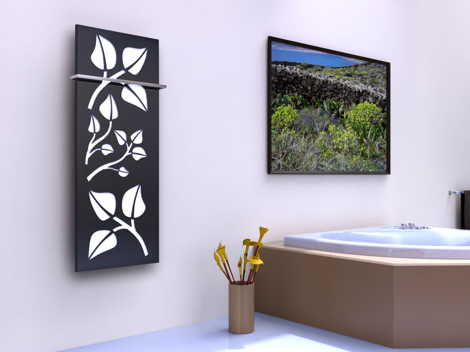 BADHEIZKÖRPER Design Leaves 2 120x47cm 799 Watt anthrazit - moonstone (+1 Halter 15mm) SZAGATO Handtuchheizkörper mit Mittelanschluss Handtuchwärmer