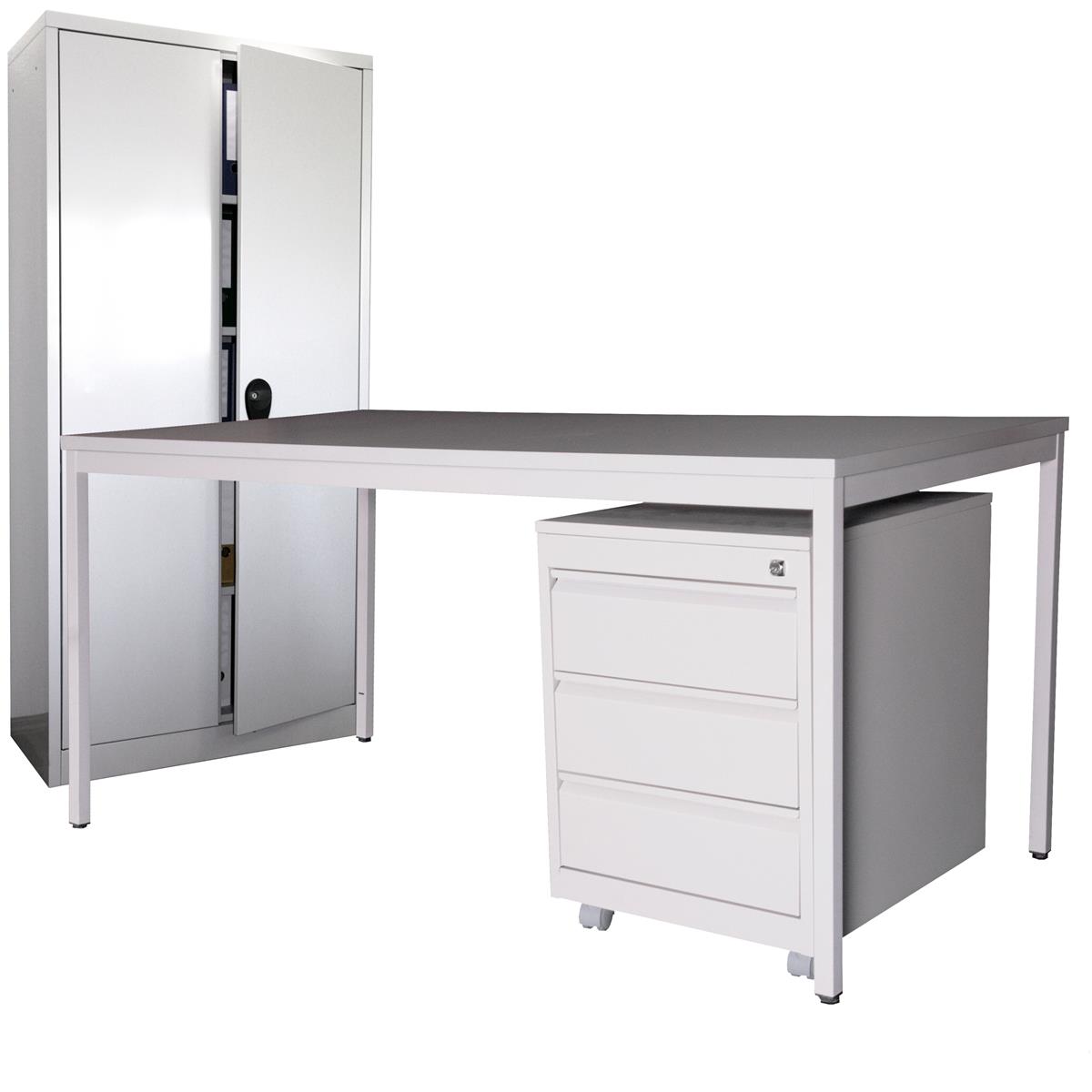 Schreibtisch 160cm SET + Rollcontainer Profi 3 Schubl.+ Stahlschrank 180cm grau SZAGATO Germany Schreibti Arbeitstisch Bürotisch Büro-Schreibtisch