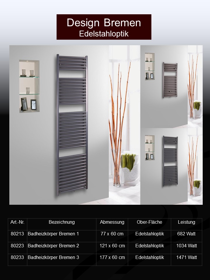 BADHEIZKÖRPER Design Bremen 2 121x60cm 1018 Watt Edelstahl-Optik SZAGATO Handtuchheizkörper Mittelanschluss Handtuchwärmer Mittelanschluss