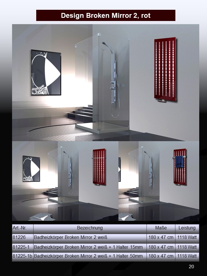 BADHEIZKÖRPER Design broken Mirror 2 120x47cm 799Watt rot (+1 Halter 15mm) SZAGATO Designheizkörper Handtuchheizkörper Mittelanschluss Handtuchwärmer
