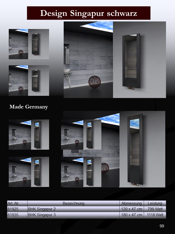 BADHEIZKÖRPER mit Spiegel Design Singapur 3 180x47cm 1118 Watt schwarz  (+2 Halter 50mm) SZAGATO Designheizkörper mit Mittelanschluss Handtuchwärmer