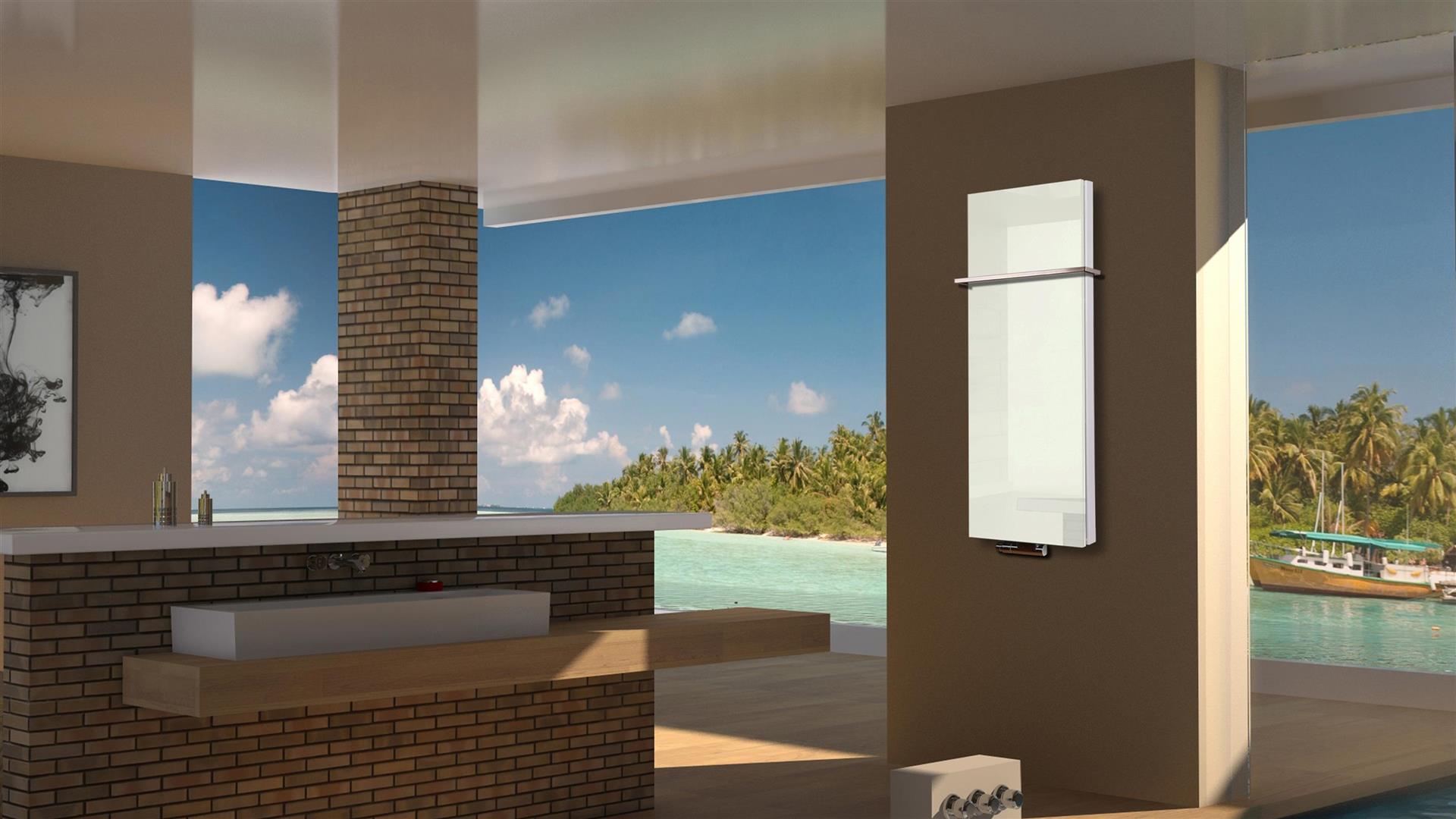 BADHEIZKÖRPER Glas Montevideo 5 Glasfront 120x47cm 1458 Watt weiß +1 Halter 15mm SZAGATO Designheizkörper Handtuchheizkörper mit Mittelanschluss