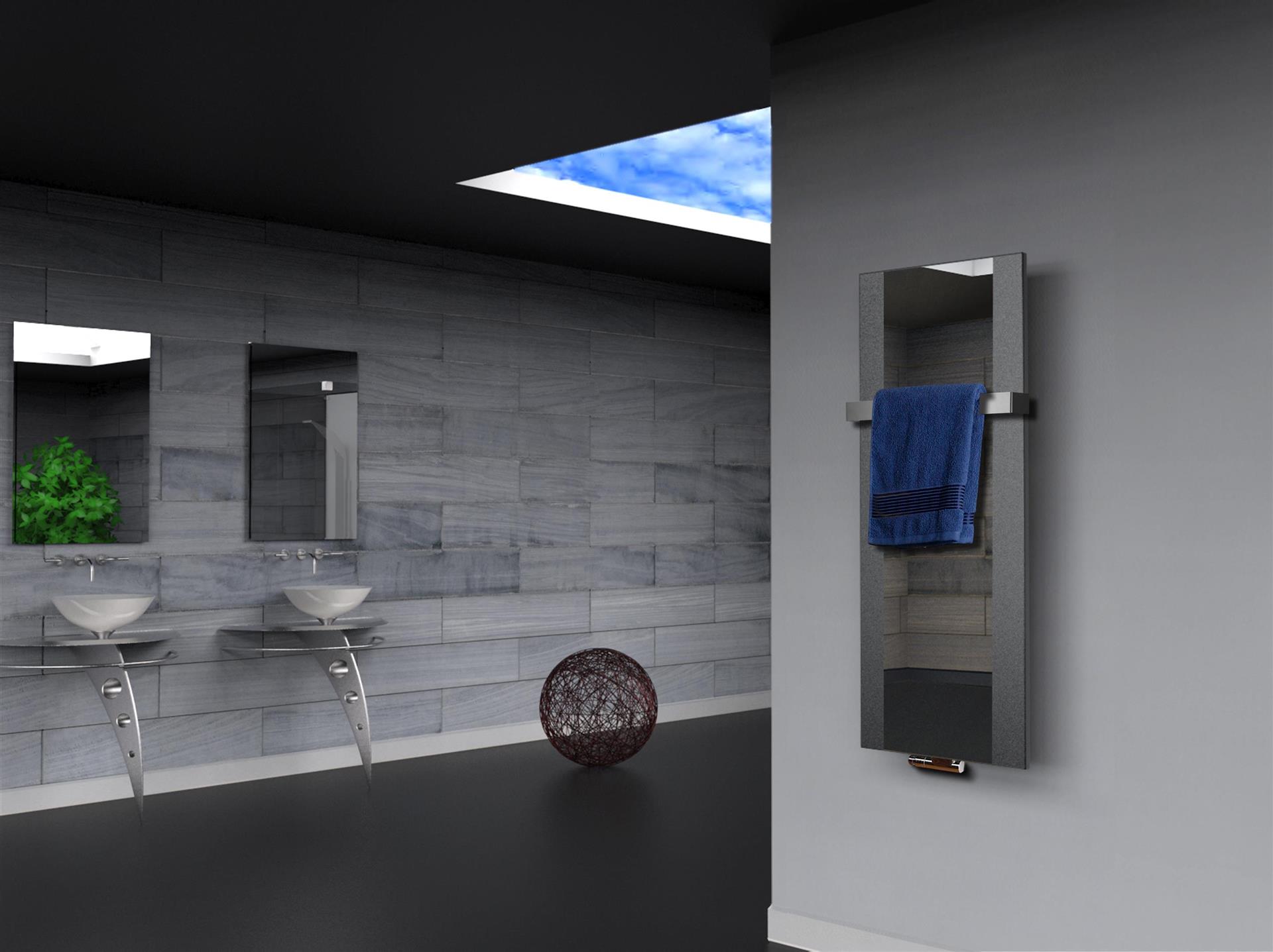 BADHEIZKÖRPER mit Spiegel Design Singapur 2 120x47cm 799 Watt anthrazit - moon +1 Halter 50mm SZAGATO Designheizkörper Mittelanschluss Handtuchwärmer