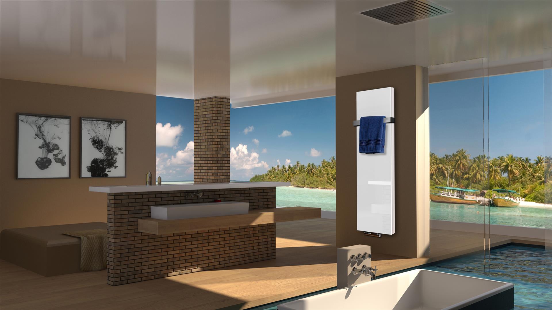 BADHEIZKÖRPER Glas Montevideo 6 Glasfront 180x47cm 1964 Watt weiß +1 Halter 50mm SZAGATO Designheizkörper Handtuchheizkörper mit Mittelanschluss