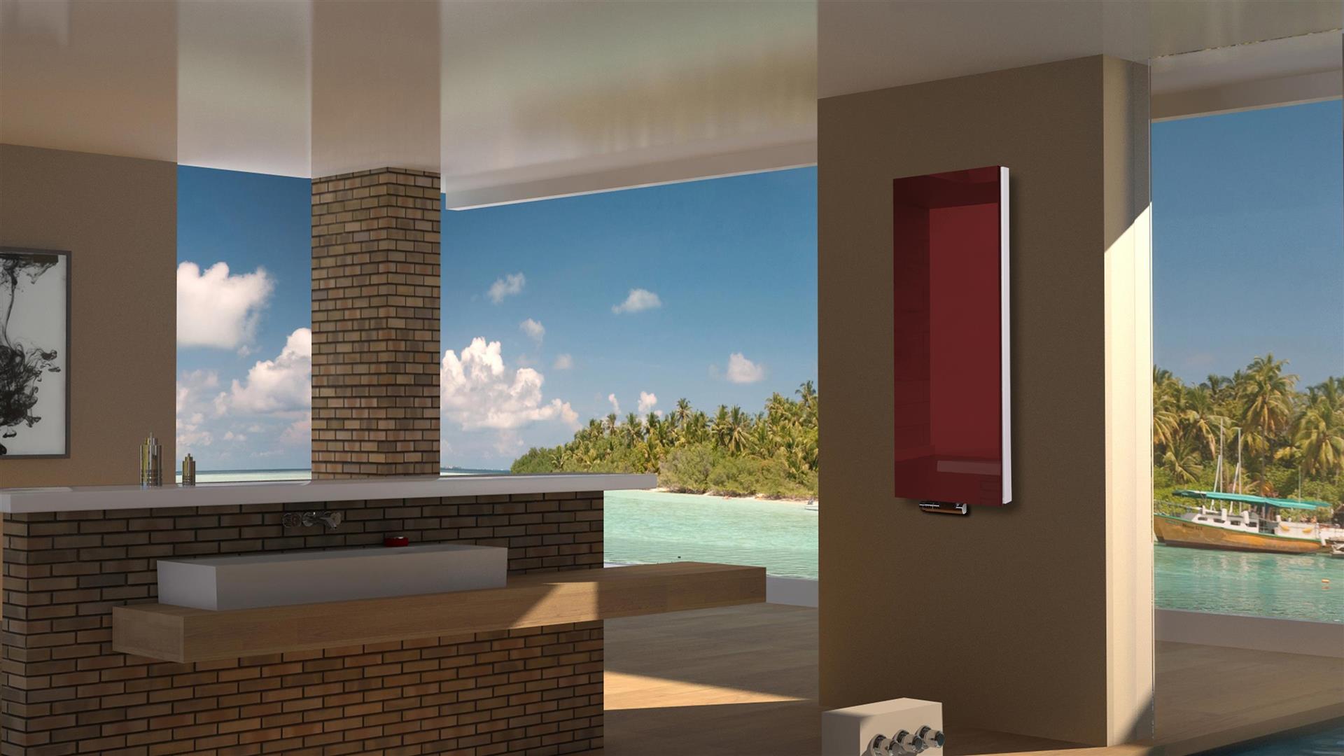 BADHEIZKÖRPER mit Glas Montevideo 5 Glasfront 120x47cm 1458 Watt rot SZAGATO Designheizkörper Handtuchheizkörper mit Mittelanschluss Handtuchwärmer