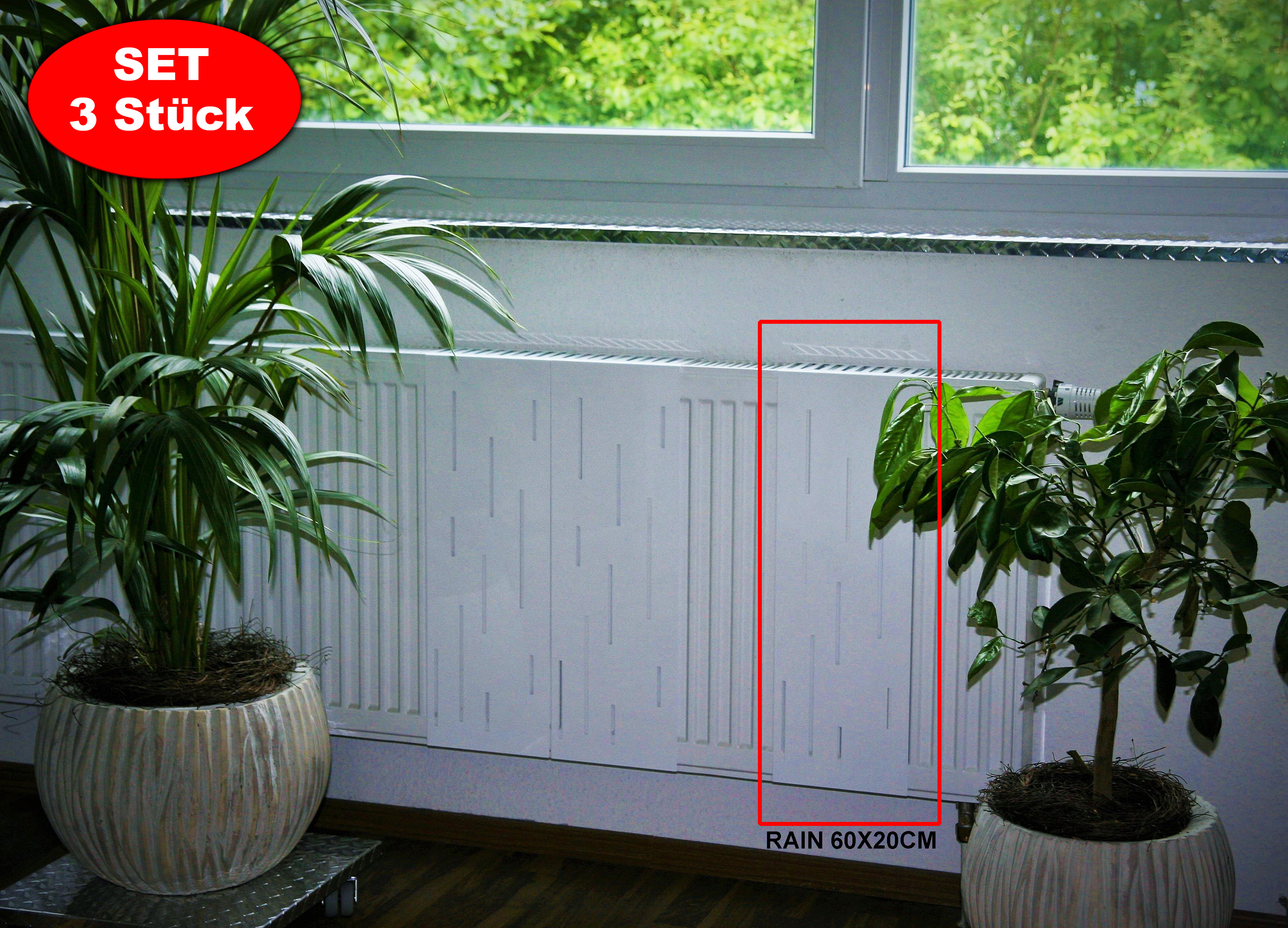 Heizkörperverkleidung 60 x 20cm Design Rain weiß (SET=3 Stück) SZAGATO Heizungsverkleidung Verkleidung Heizkörper Abdeckung für Heizkörper