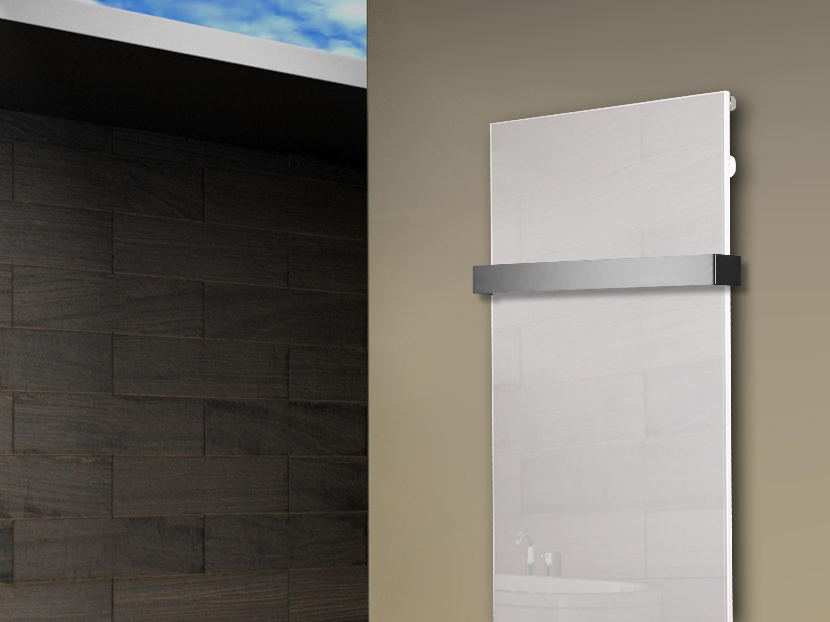 Badheizkörper mit Glas Design Montevideo 2 (Glasfront) 120x47cm 799Watt weiß (+1 Halter 50mm) SZAGATO Designheizkörper Mittelanschluss Handtuchwärmer