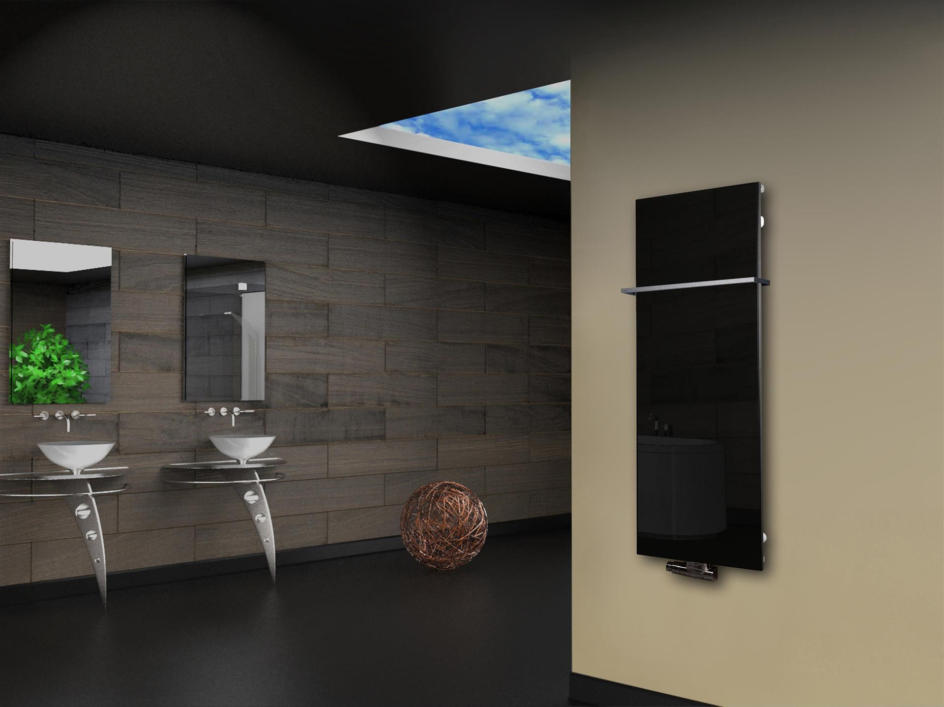 Badheizkörper mit Glas Design Montevideo 2 (Glasfront) 120x47cm 799 Watt schwarz (+1 Halter 15mm) SZAGATO Designheizkörper mit Mittelanschluss