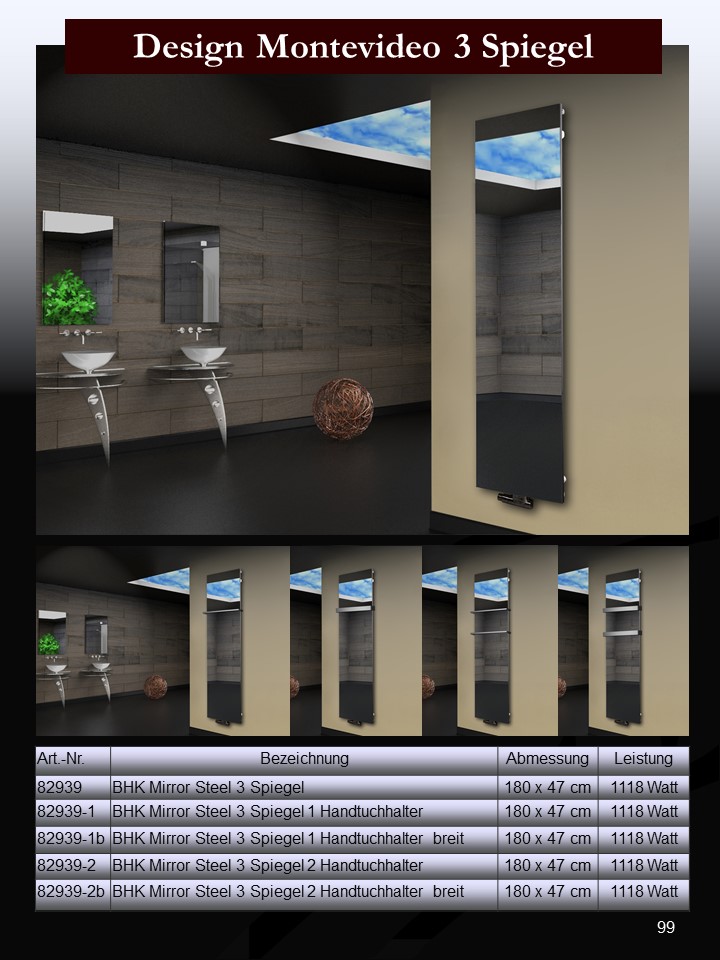 Badheizkörper mit Spiegel Design Montevideo 3 Spiegelfront 180x47cm 1118 Watt Spiegel SZAGATO Handtuchheizkörper mit Mittelanschluss Handtuchwärmer